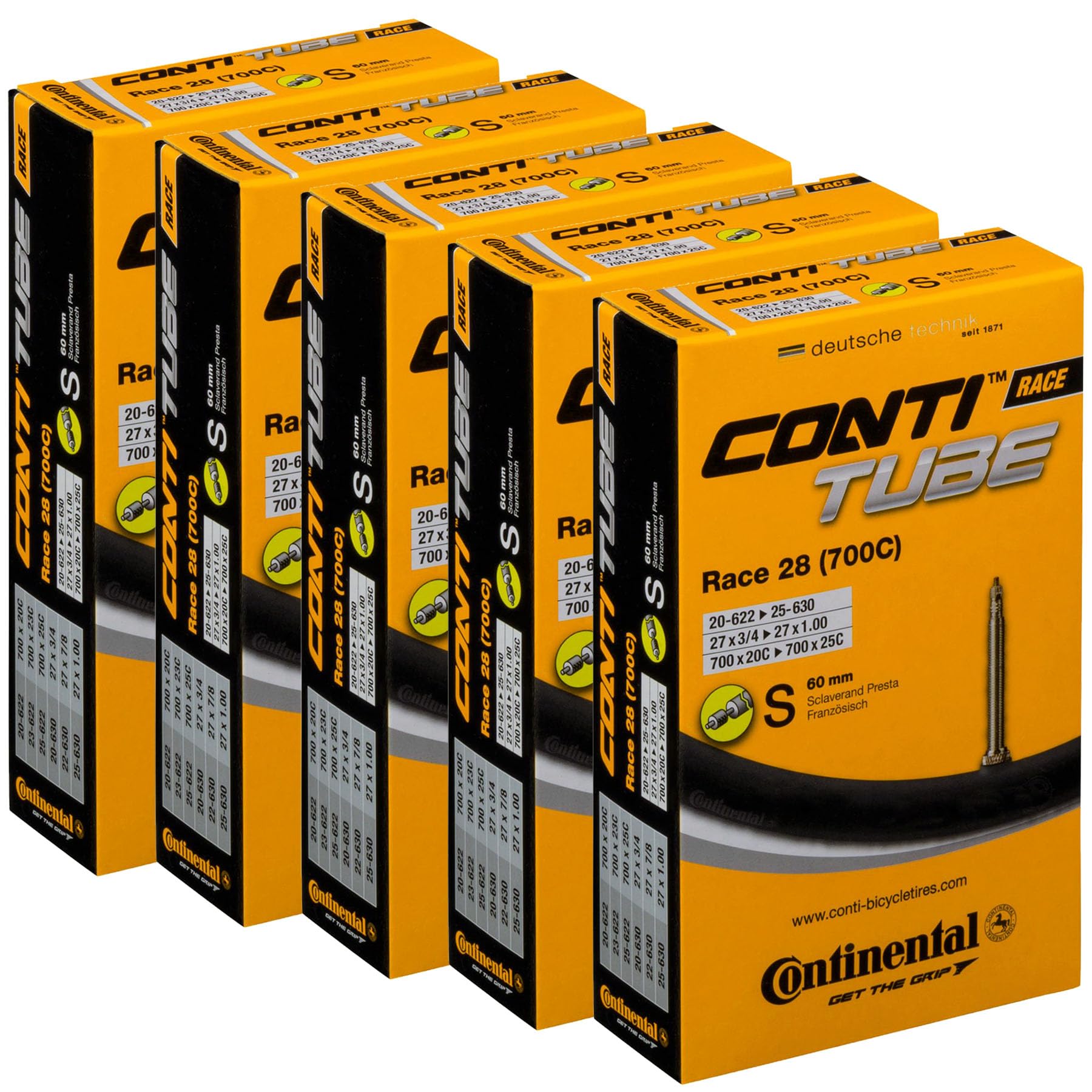 Continental Race 28 700x20-25 SV60 Presta Valve 60mm Bike Inner Tubes - 5-Pack Value Bundle for Road Bikes | High-Performance Bicycle Tubes for Racing, Commuting & Training | Compatible with 700c Wheels