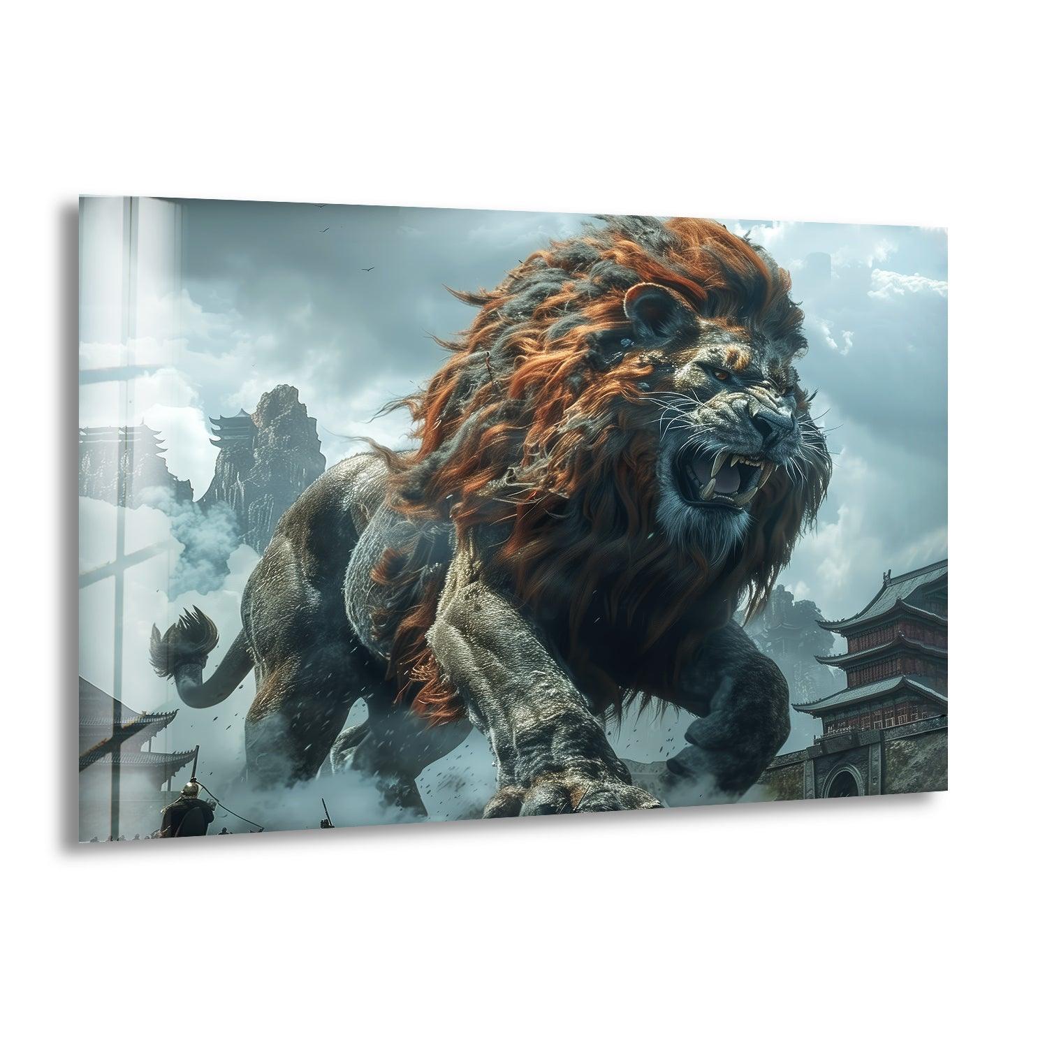 Chinese Lion Glass Wall Art - Handcrafted Feng Shui Decor for Home & Office - Perfect for Living Room, Bedroom, or Entryway Display
