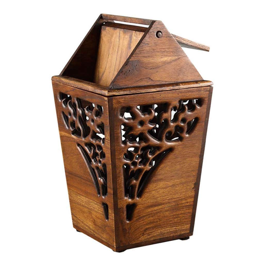 Antique Teak Wood Trash Can with Shake Cover - 3.2 Gallon Hand-Carved Solid Wood Waste Bin for Bedroom, Living Room & Office - Elegant Indoor Garbage Can with Hollow Carving Design - Perfect for Home Decor, Bathroom & Dorm Organization