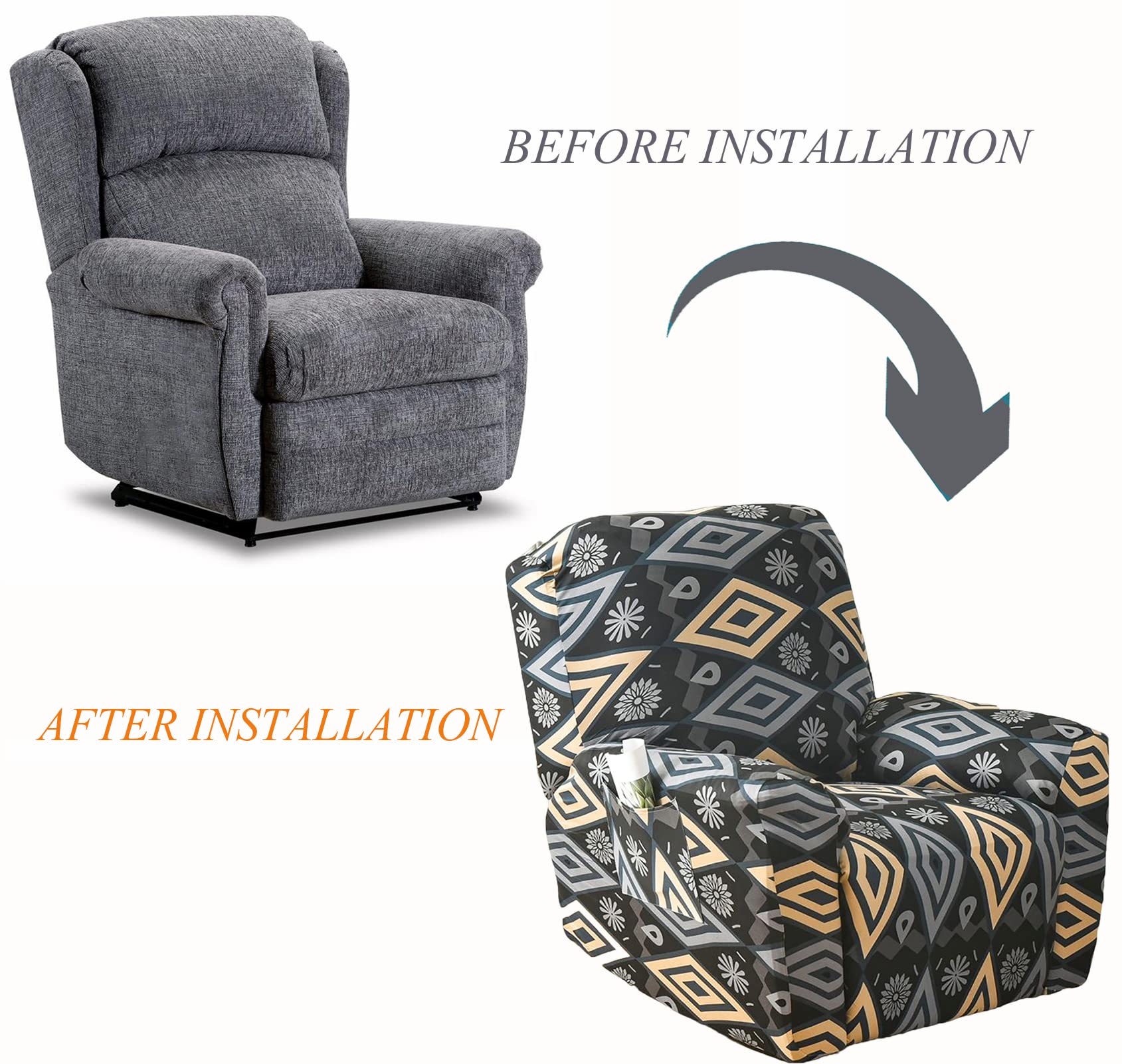4Pcs Non-Slip Recliner Chair Covers with Side Pockets - Stretchable Furniture Protector for Reclining Sofa & Couch - Perfect for Living Room, Home Theater & Relaxation (Color01)