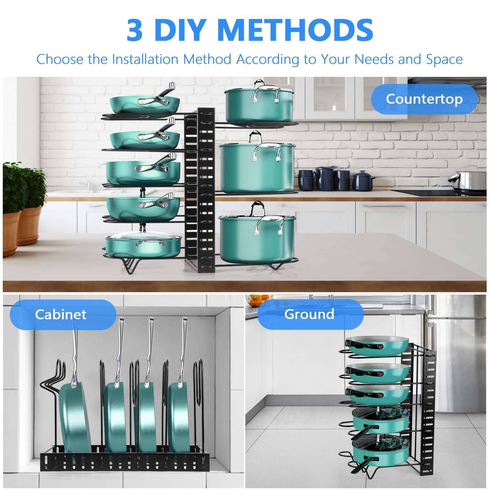 8-Tier Adjustable Kitchen Pot and Pan Organizer for Cabinet - Space-Saving Cookware Storage with 3 DIY Installation Methods & Lid Holders - Perfect for Small Kitchens, RVs, and Apartment Organization (Black)