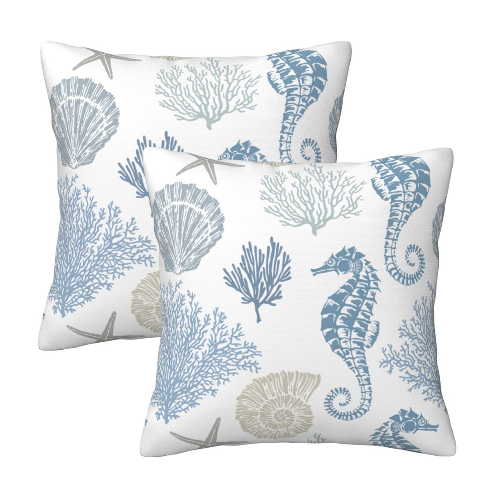 Nautical Coastal Pillow Covers 16x16 Inch Set of 2 - Summer Ocean Themed Decorative Throw Pillow Covers with Coral, Seashell & Starfish Design - 100% Cotton Square Cushion Covers for Sofa, Couch, Bedroom - Perfect for Beach House Decor, Coastal Living Room & Vacation Home Styling