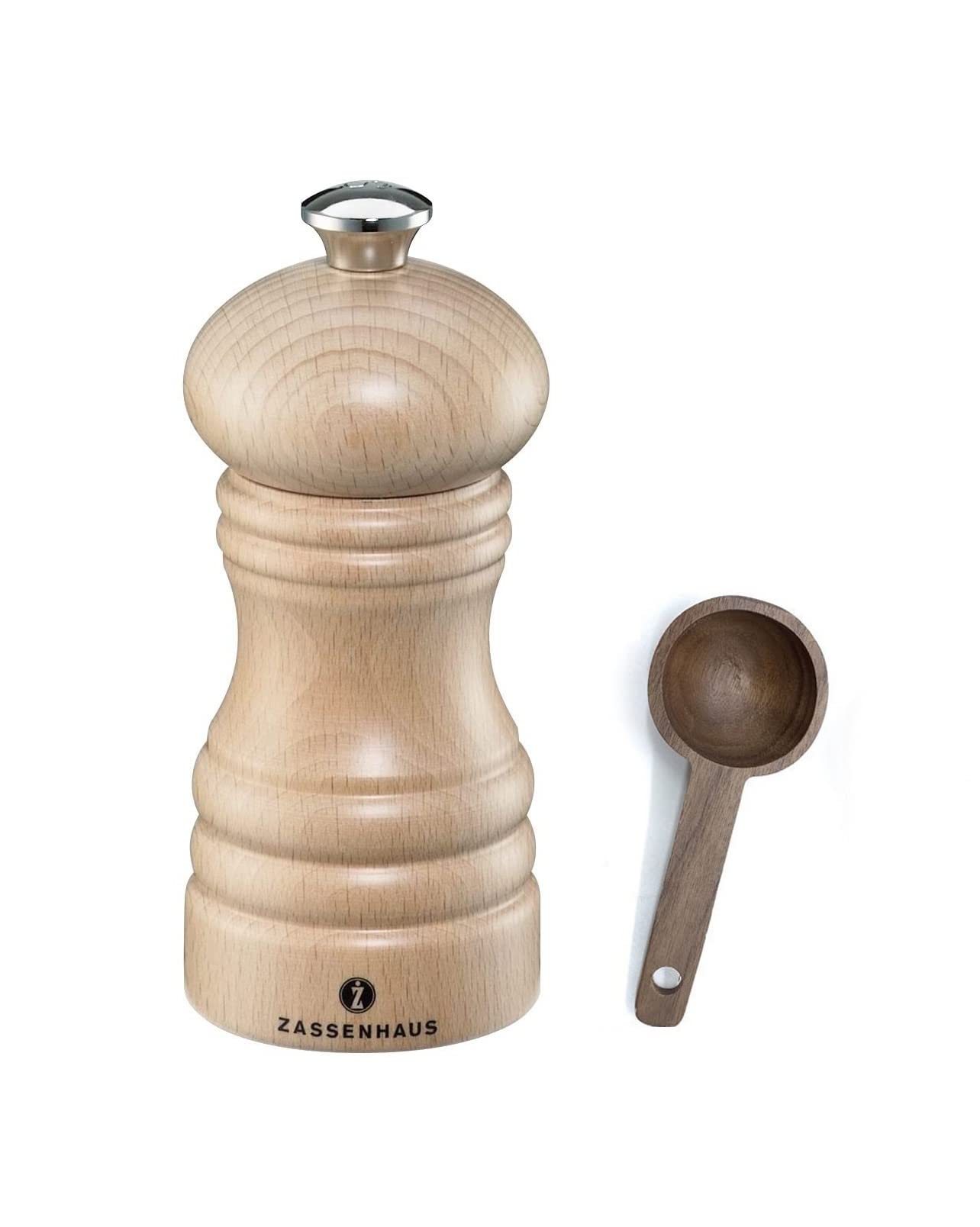 Premium Zassenhaus Berlin Refillable Wooden Salt Grinder & Spice Mill - 4.7 Inch Natural Beech Wood with Scoop - Perfect for Gourmet Cooking, Kitchen & Dining Table Seasoning