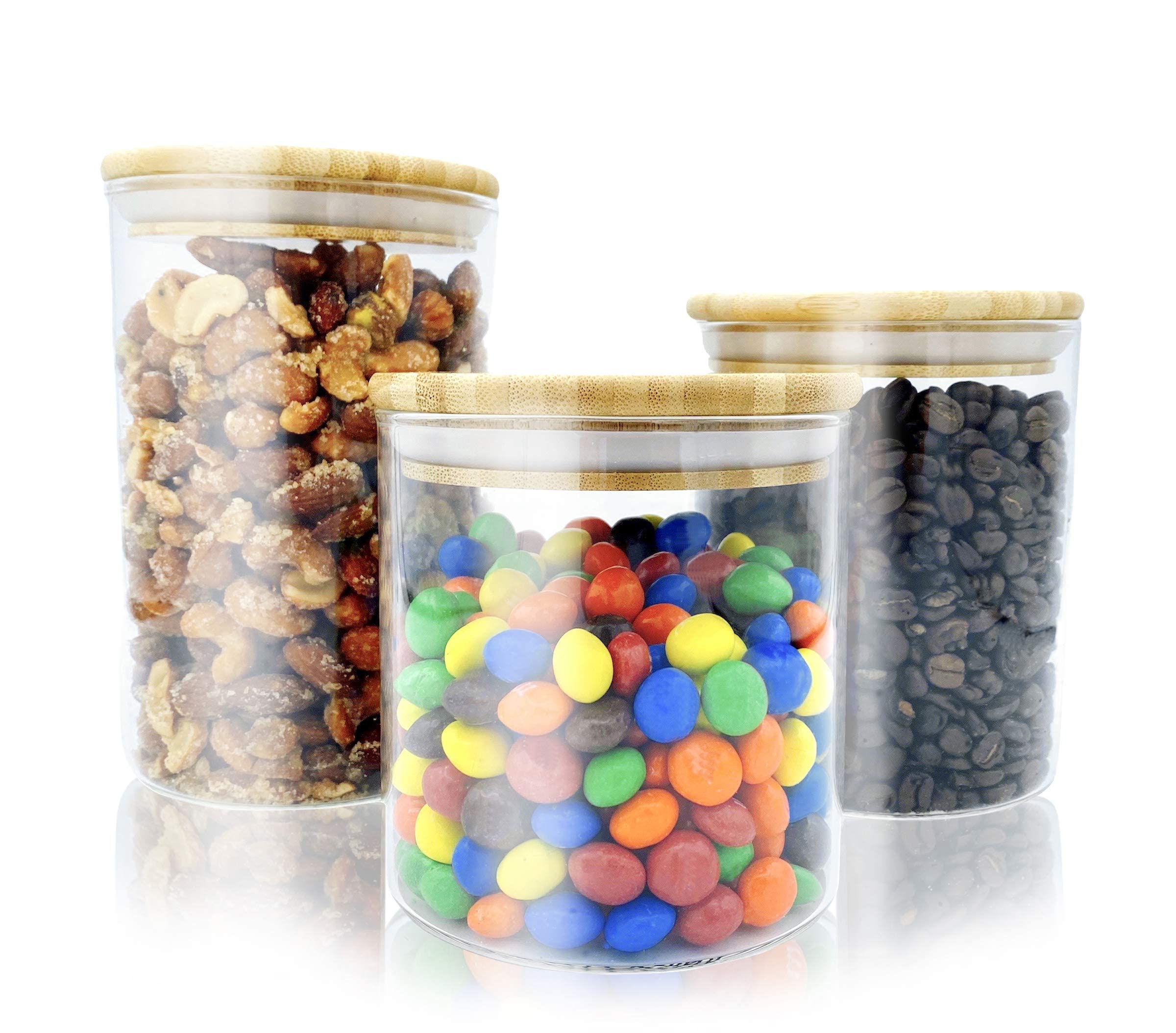 Airtight Glass Storage Containers with Wooden Lids - Set of 3 Kitchen & Pantry Organization Jars for Sugar, Flour, Rice, Pasta, Spices, Candy, Cookies | Perfect for Baking, Meal Prep & Food Storage