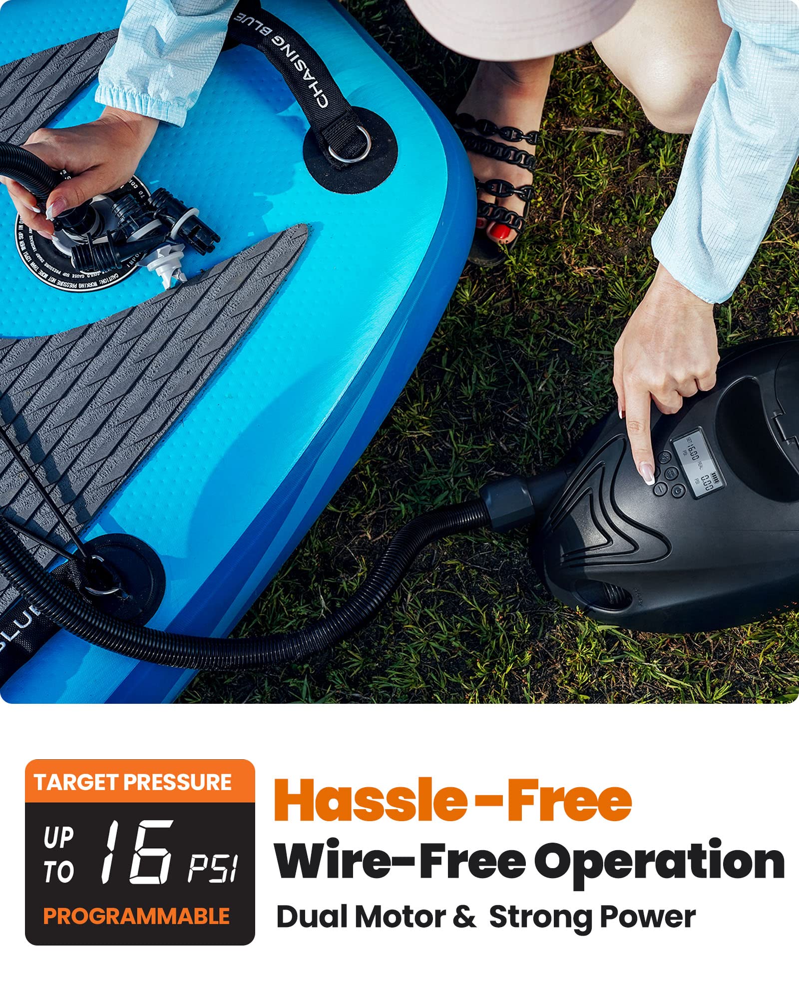 OutdoorMaster 12V Electric Air Pump 16PSI - High Pressure Stand Up Pump for Inflatable Paddle Boards, Boats & Water Sports - Fast Inflation/Deflation with Auto Shutoff - Perfect for Beach, Lake & Outdoor Adventures