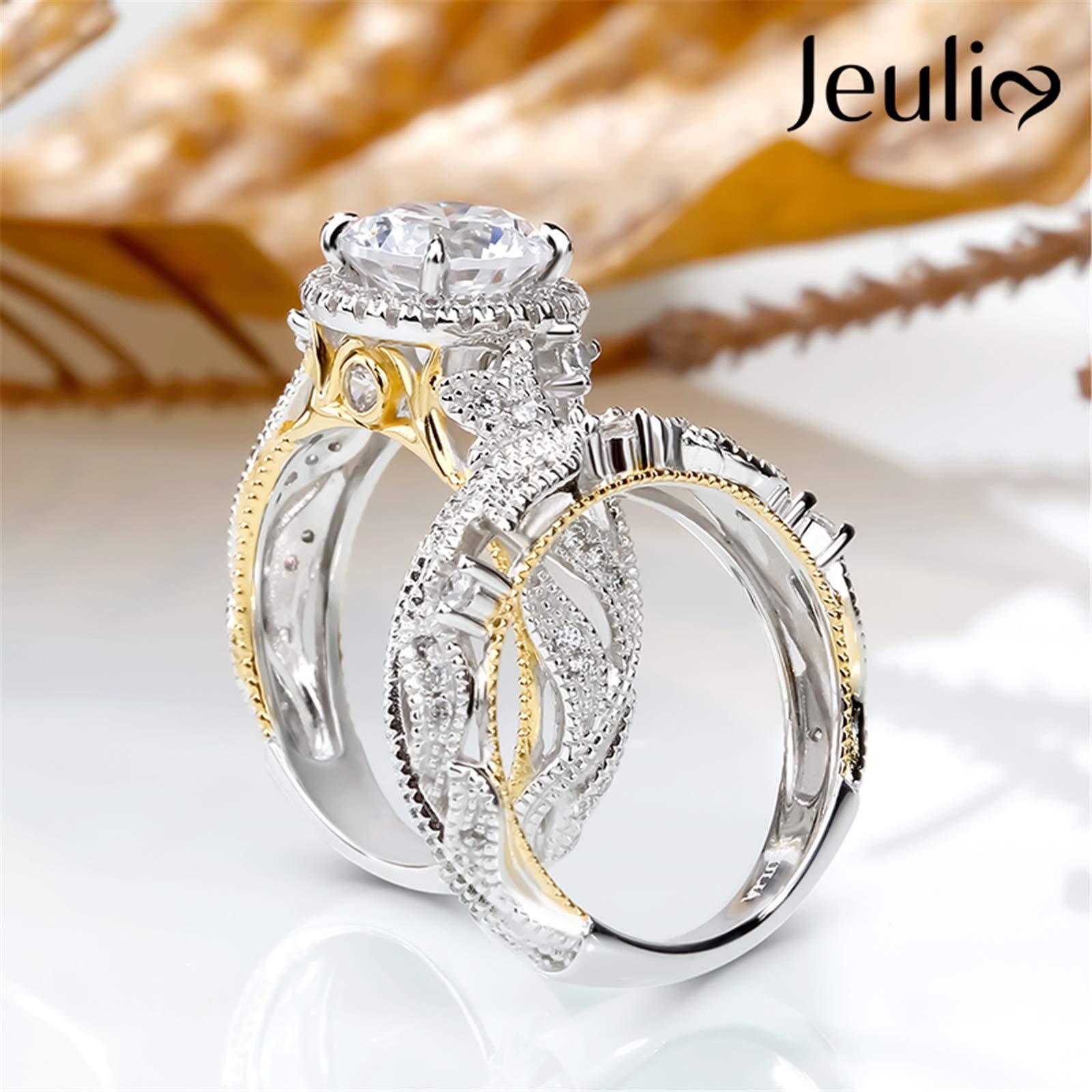 Jeulia 4 Carat Openwork Wedding Ring Set for Women - 925 Sterling Silver & Yellow Gold Halo Engagement Ring with Round Cut White Diamond & CZ Solitaire Band - Perfect for Anniversary, Promise & Bridal Jewelry Gifts