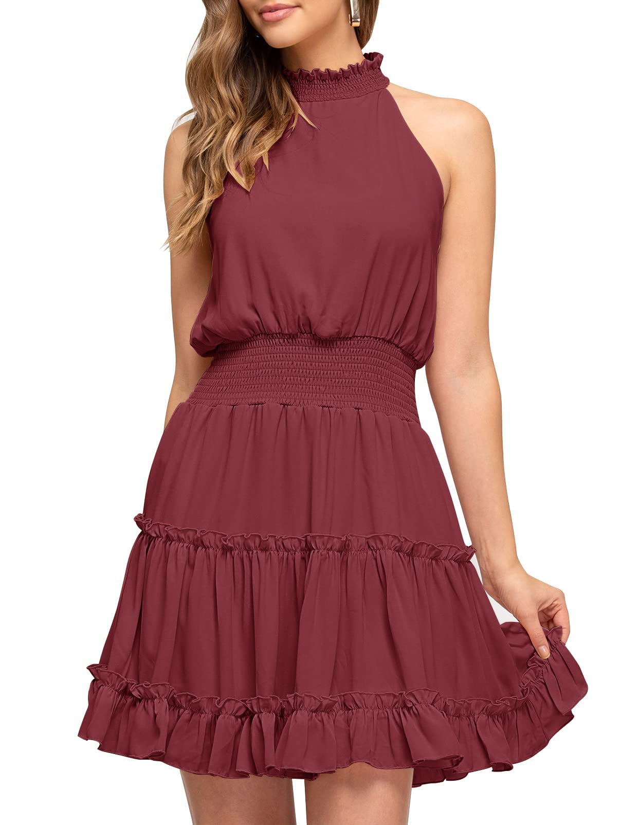 Women's Summer Casual Halter Neck A-Line Dress - Sleeveless Smocked Waist Ruffle Mini Dress for Beach, Party & Vacation Outfits