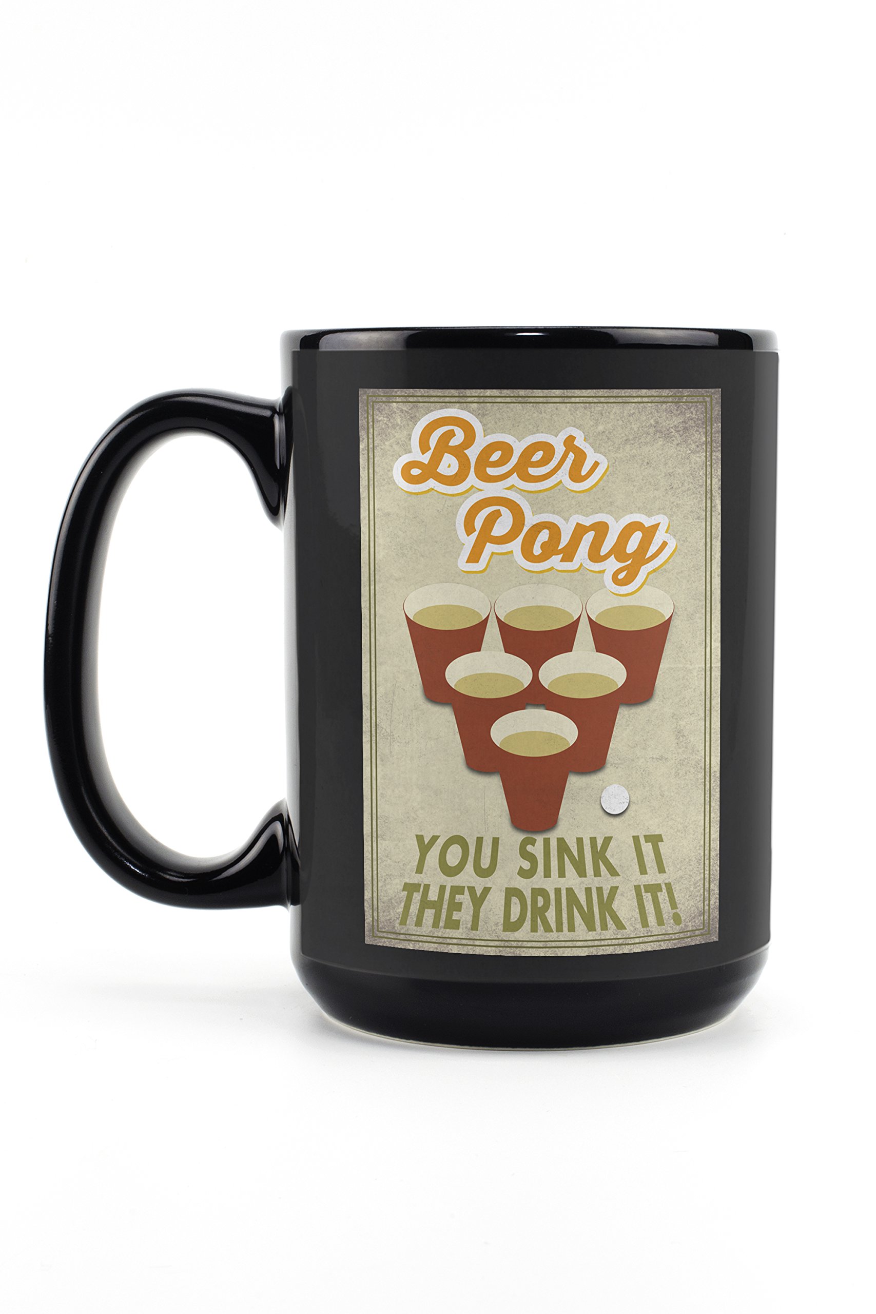 Lantern Press Beer Pong 15oz Black Ceramic Coffee Mug - Microwave & Dishwasher Safe - Perfect for Coffee, Tea, Beer Pong Games & Office Use