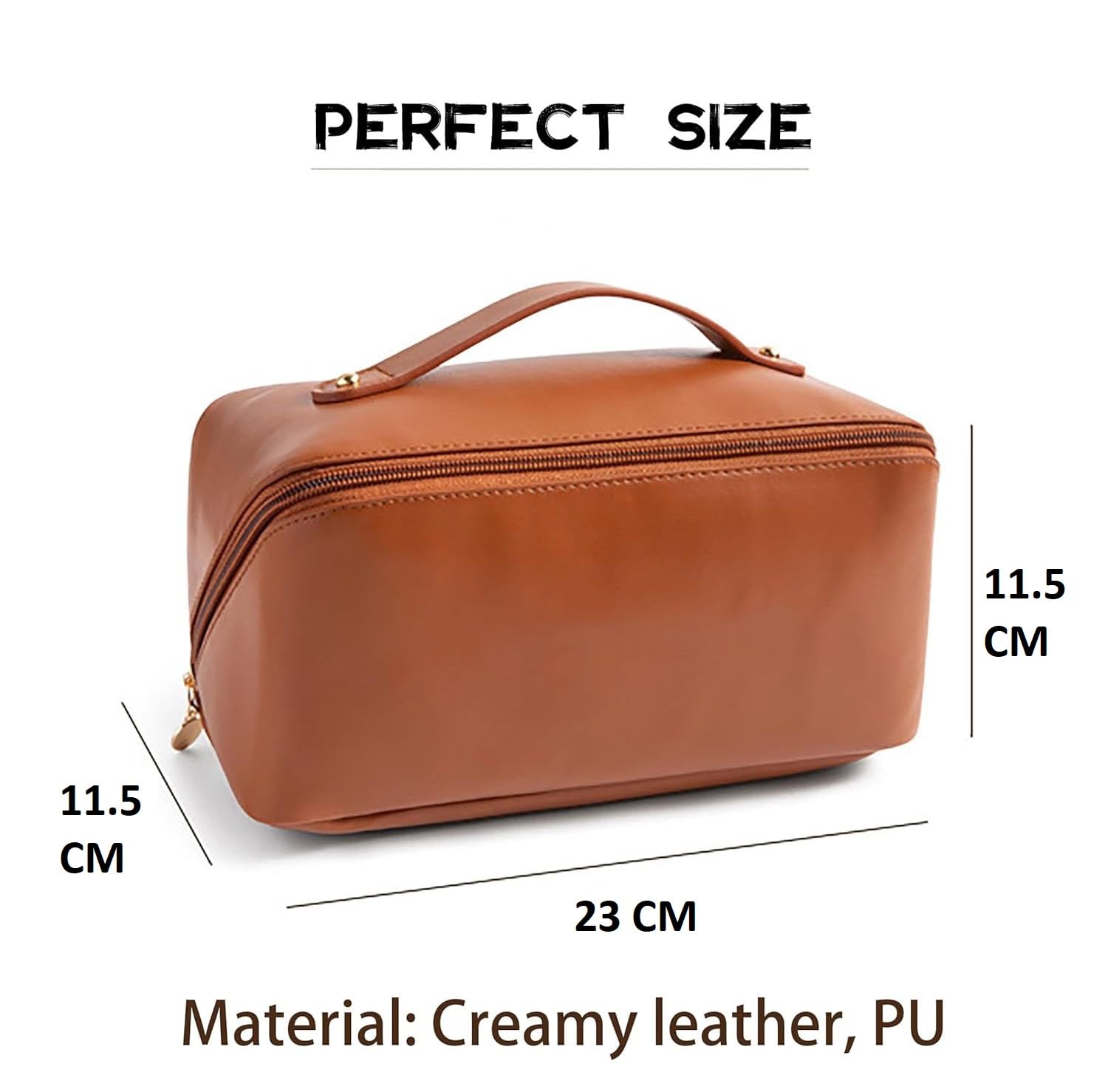 JRM Women’s Large Waterproof Leather Cosmetic Travel Bag - Spacious Makeup Organizer with Wide Opening, Dividers & Handle (Cross Open, Brown) | Perfect for Travel, Gym & Daily Makeup Storage