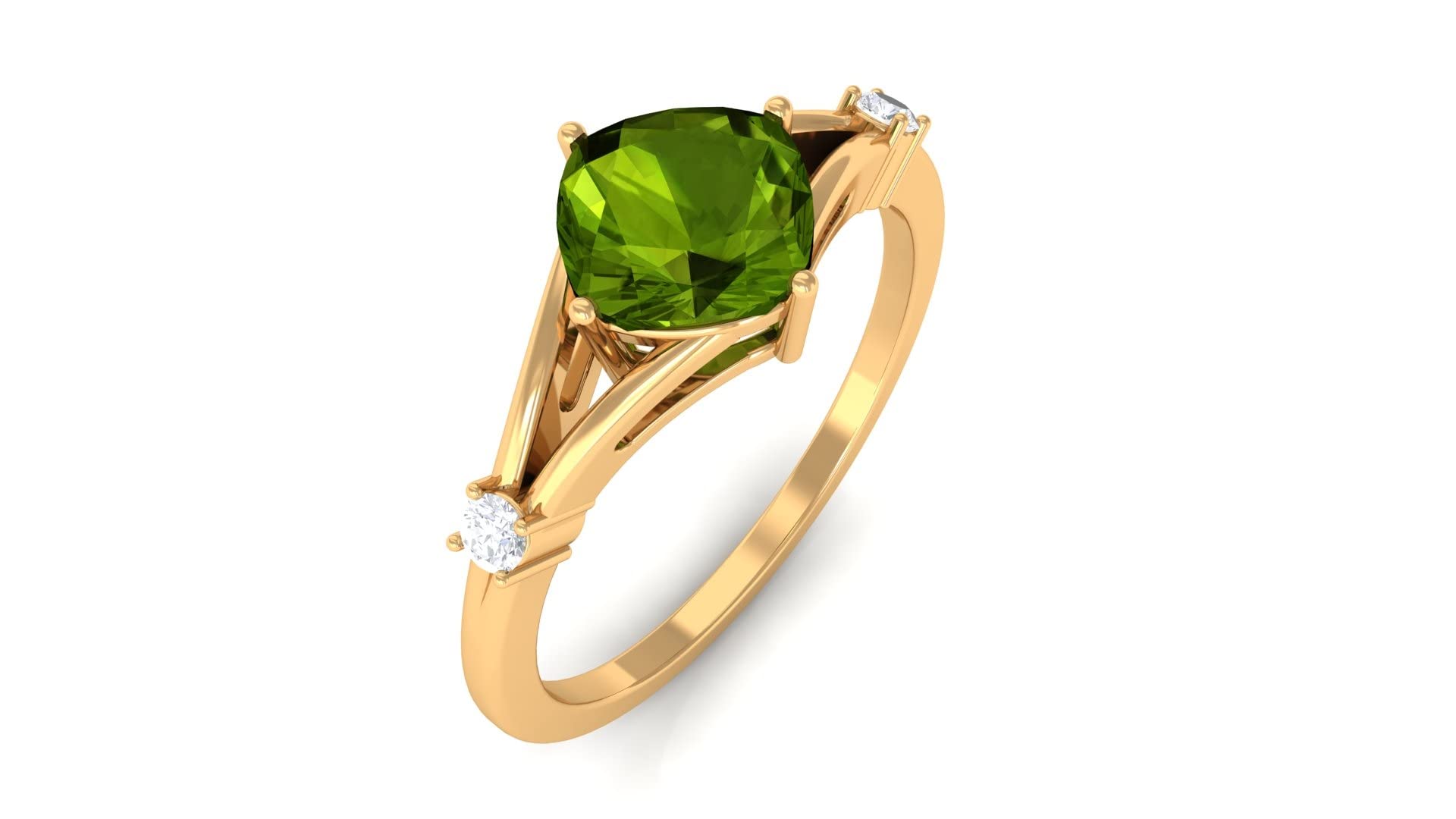 6MM Cushion Cut Peridot Solitaire Ring with Diamonds - 14K Solid Gold Split Shank August Birthstone Jewelry for Women | Perfect for Birthdays, Anniversaries & Special Occasions