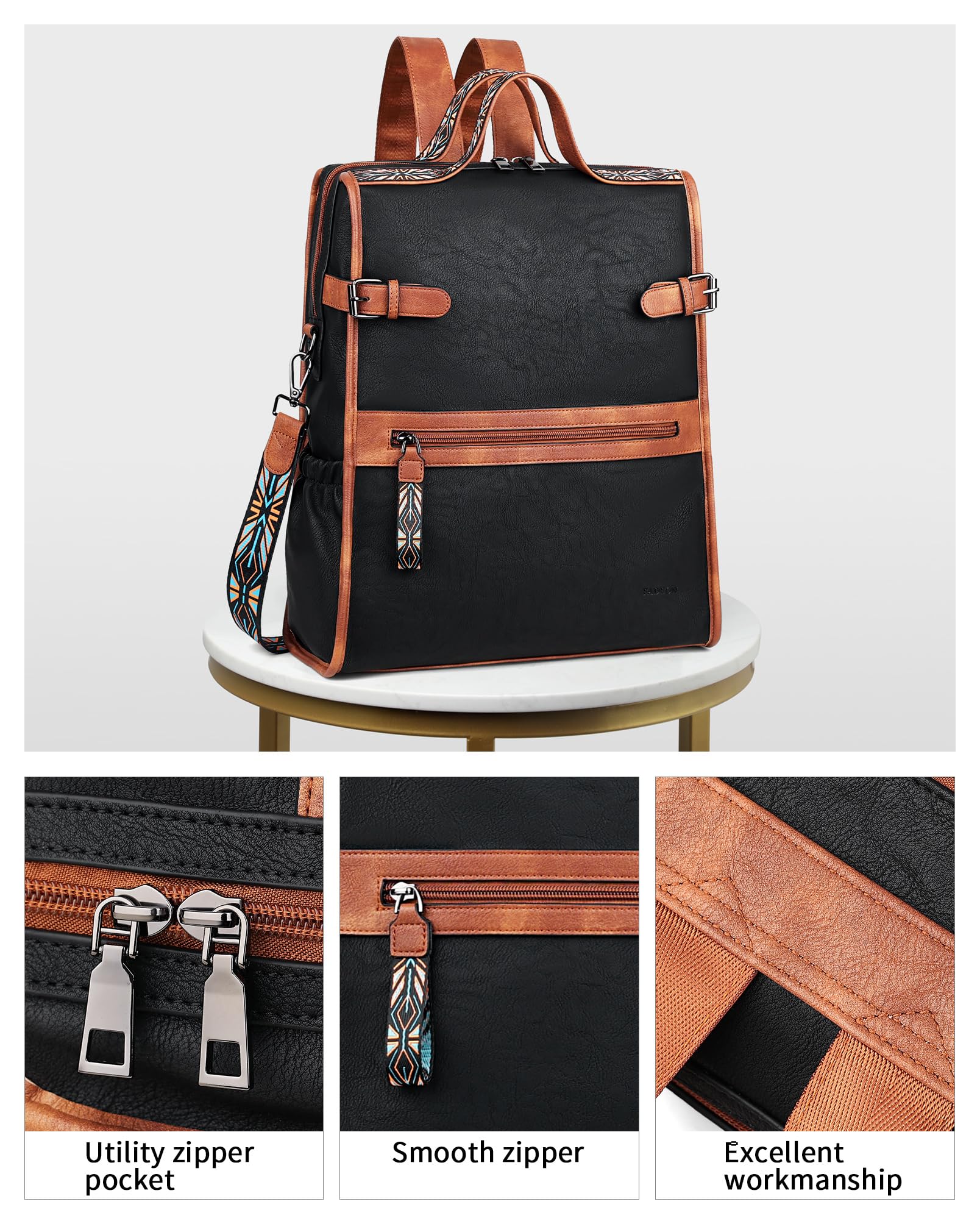 FADEON Genuine Leather Laptop Backpack for Women - Stylish Work & Travel Computer Bag with Padded Laptop Compartment (15.6 Inch) - Black & Brown - Perfect for Business, Commuting & College Use