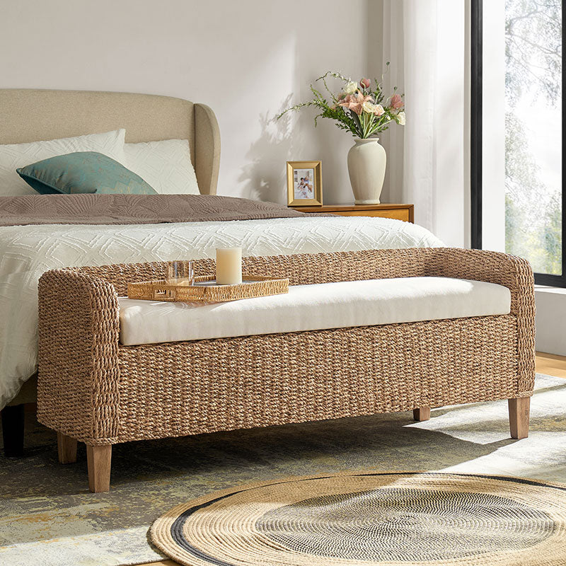 Natural Rattan Storage Bench with Removable Cream Cushion - Modern Woven Seat with Hidden Compartment for Entryway, Bedroom or Patio Decor