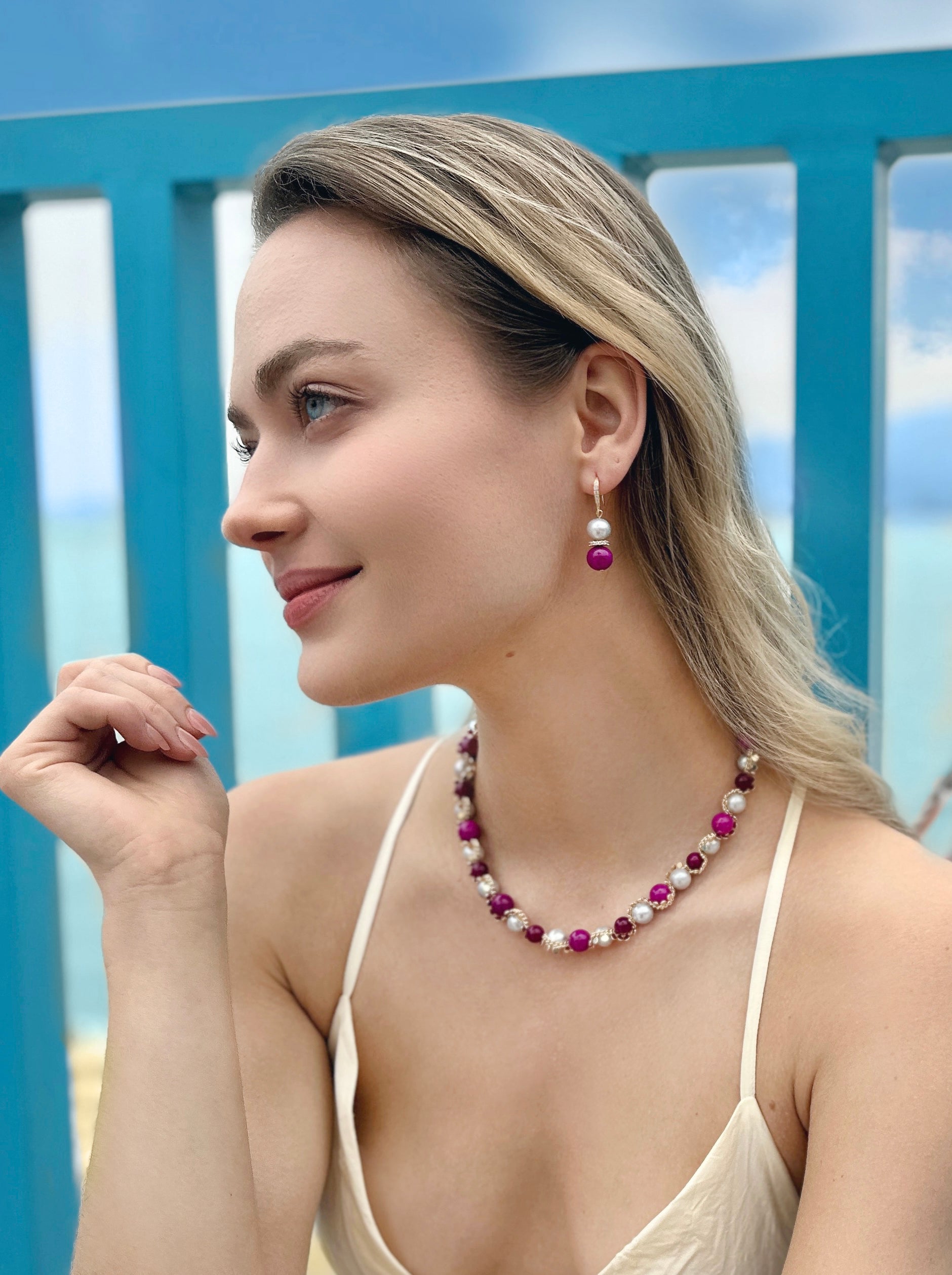 Elegant Gray Freshwater Pearl & Magenta Gemstone Stud Earrings LE012 – Perfect for Weddings, Parties & Special Occasions