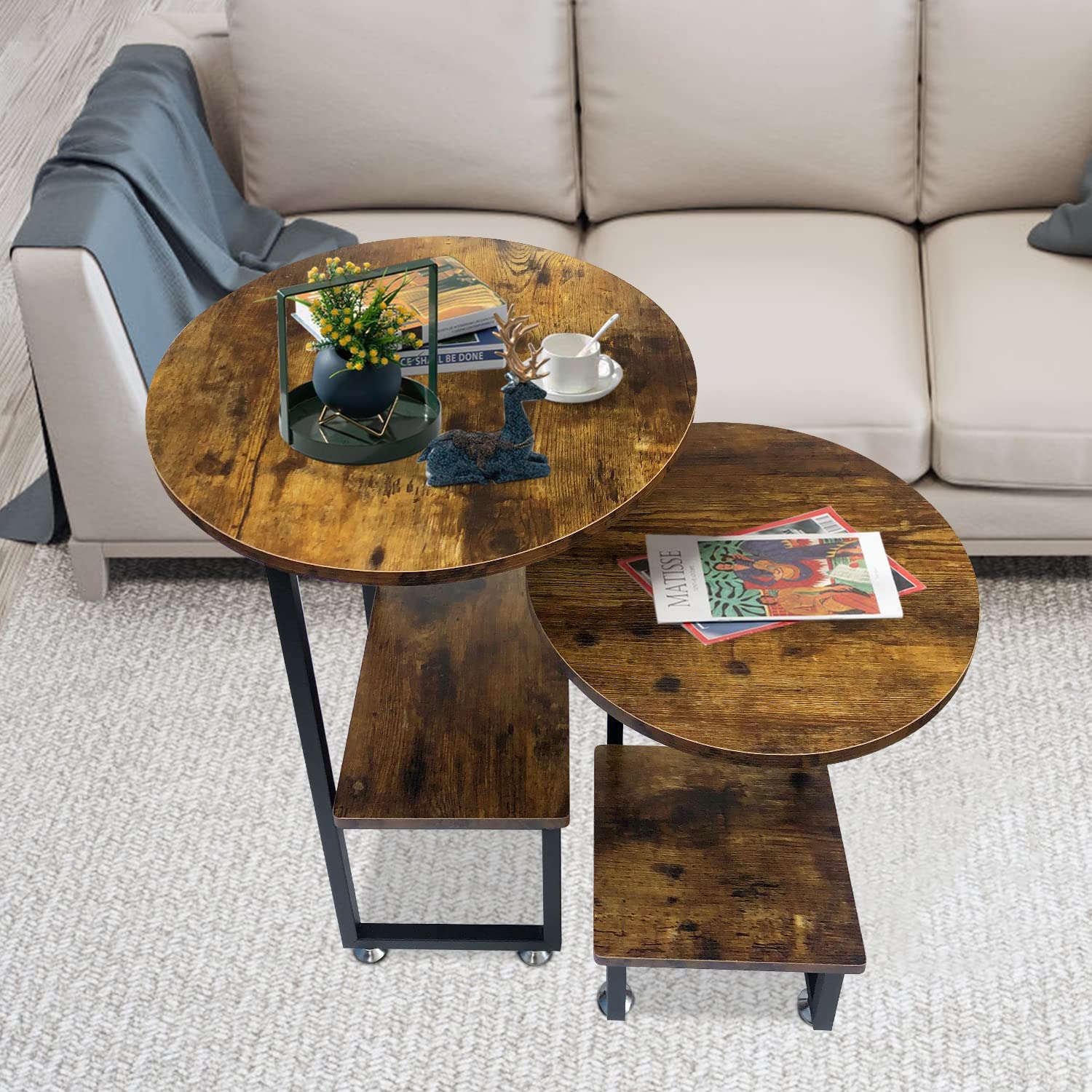Round Nesting Coffee Table Set of 2 - Farmhouse Wood & Metal Side Tables for Living Room, Balcony - Rustic Brown End Tables for Small Spaces & Cozy Home Decor