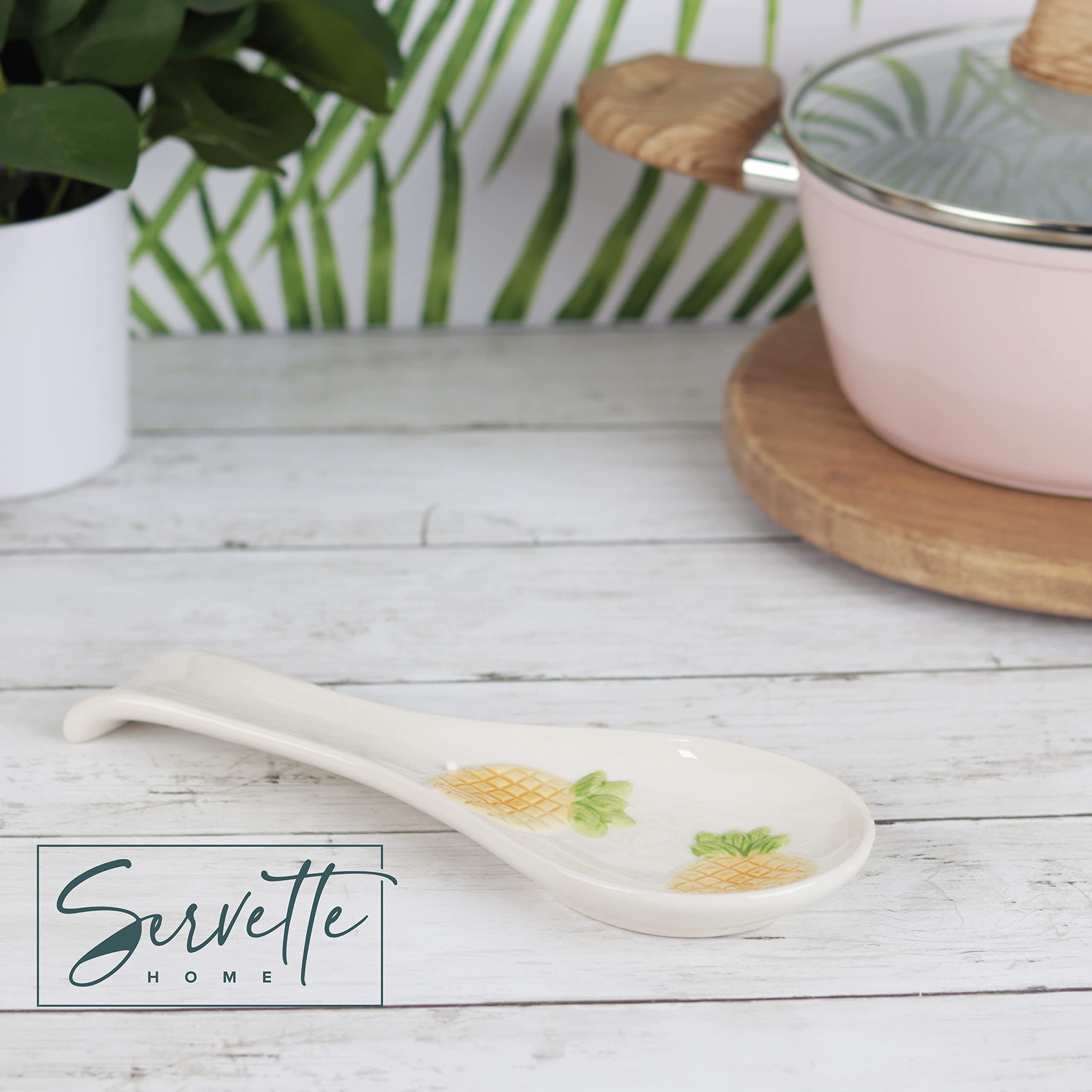 Ceramic Spoon Rest for Kitchen - Pineapple Design Ladle and Spoon Holder | Perfect for Cooking, Serving, and Organizing Utensils