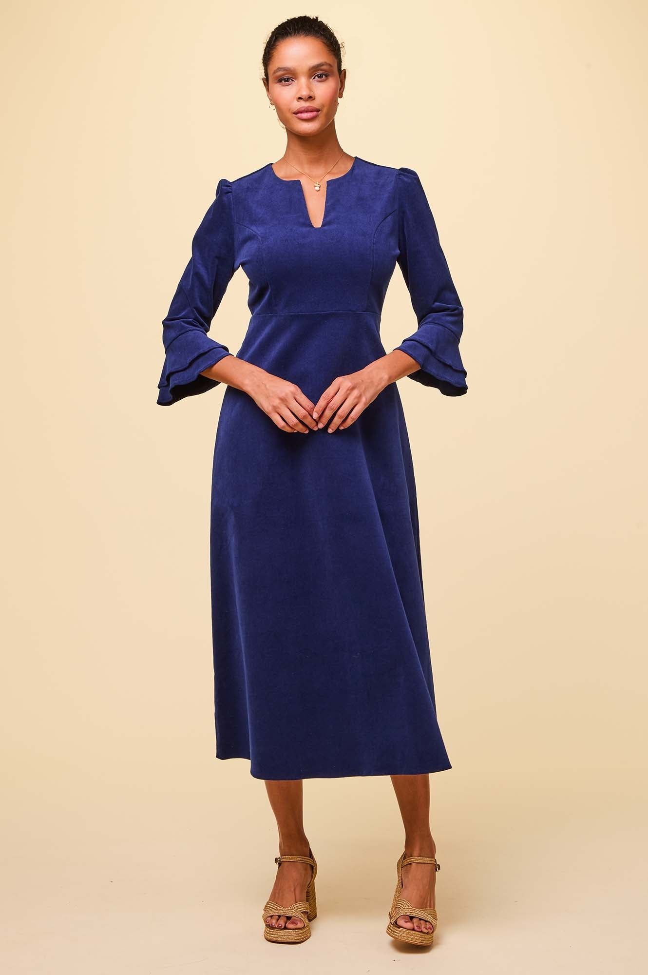Stylish Jocelyn V-Neck 3/4 Sleeve Stretch Corduroy Dress in Atlantic Blue | Women's Casual Fall Dress for Office, Date Night & Holiday Parties