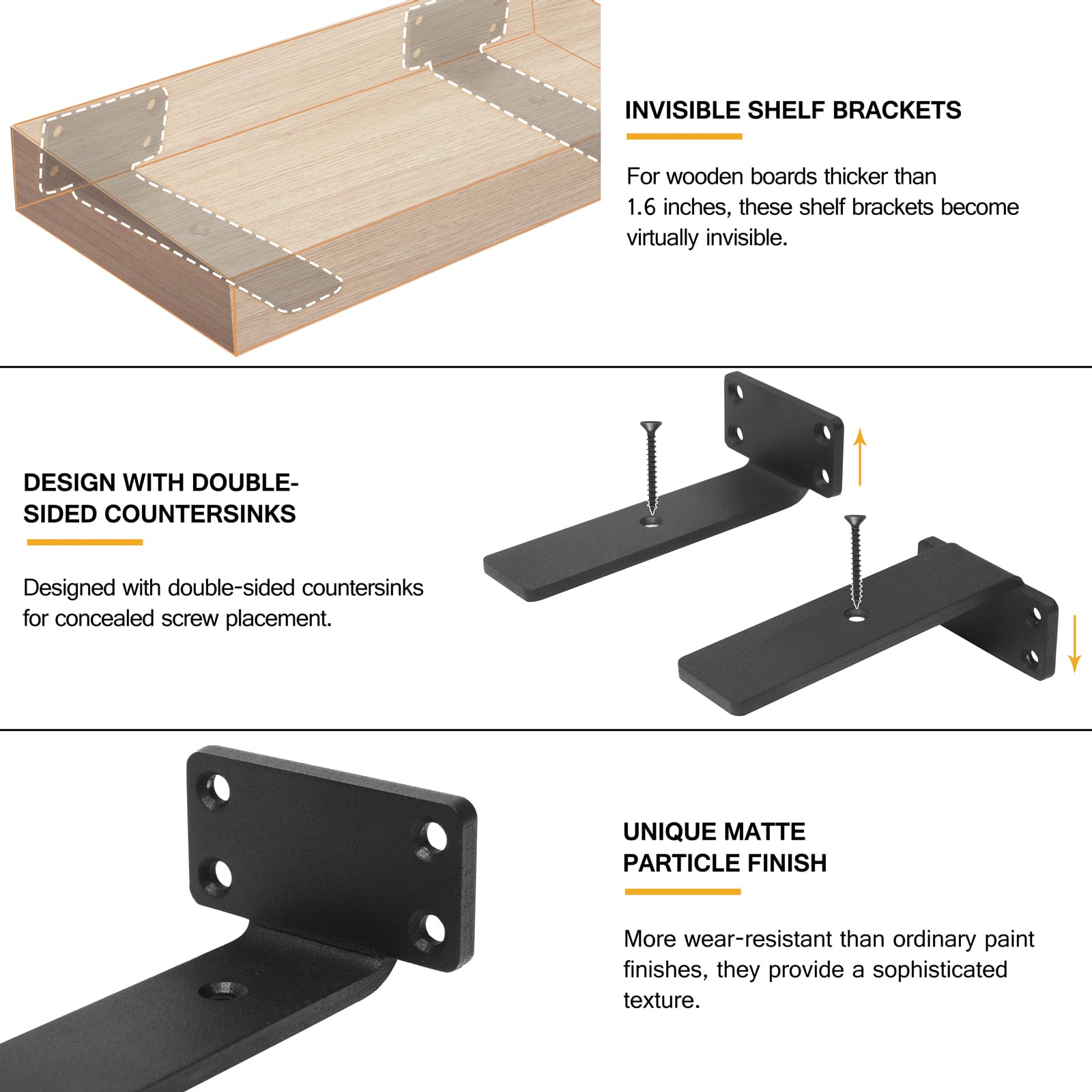 Heavy Duty Floating Shelf Brackets 6-Inch (1/5'' Thick) - Hidden Shelves Hardware, Cast Iron L Brackets - Rustic Industrial Black Metal Wall Shelving Supports (4 Pack) - Perfect for Living Room, Kitchen & Bathroom Storage