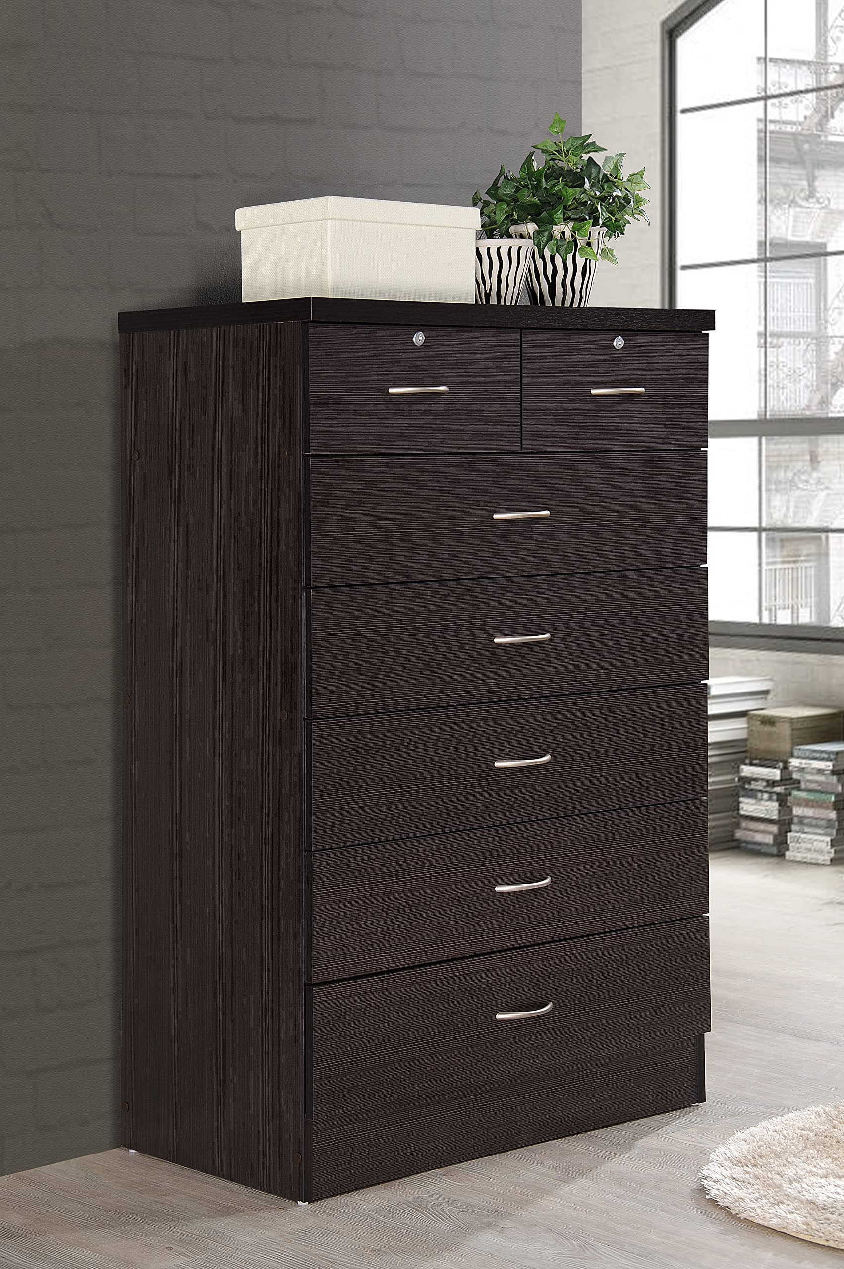 HODEDAH 7-Drawer Wooden Dresser for Bedroom - 31.5 Inch Wide Chest of Drawers with Locking Top Drawers - Chocolate Brown Storage Organizer for Clothes, Linens & Accessories - Perfect for Bedroom, Nursery or Closet Organization