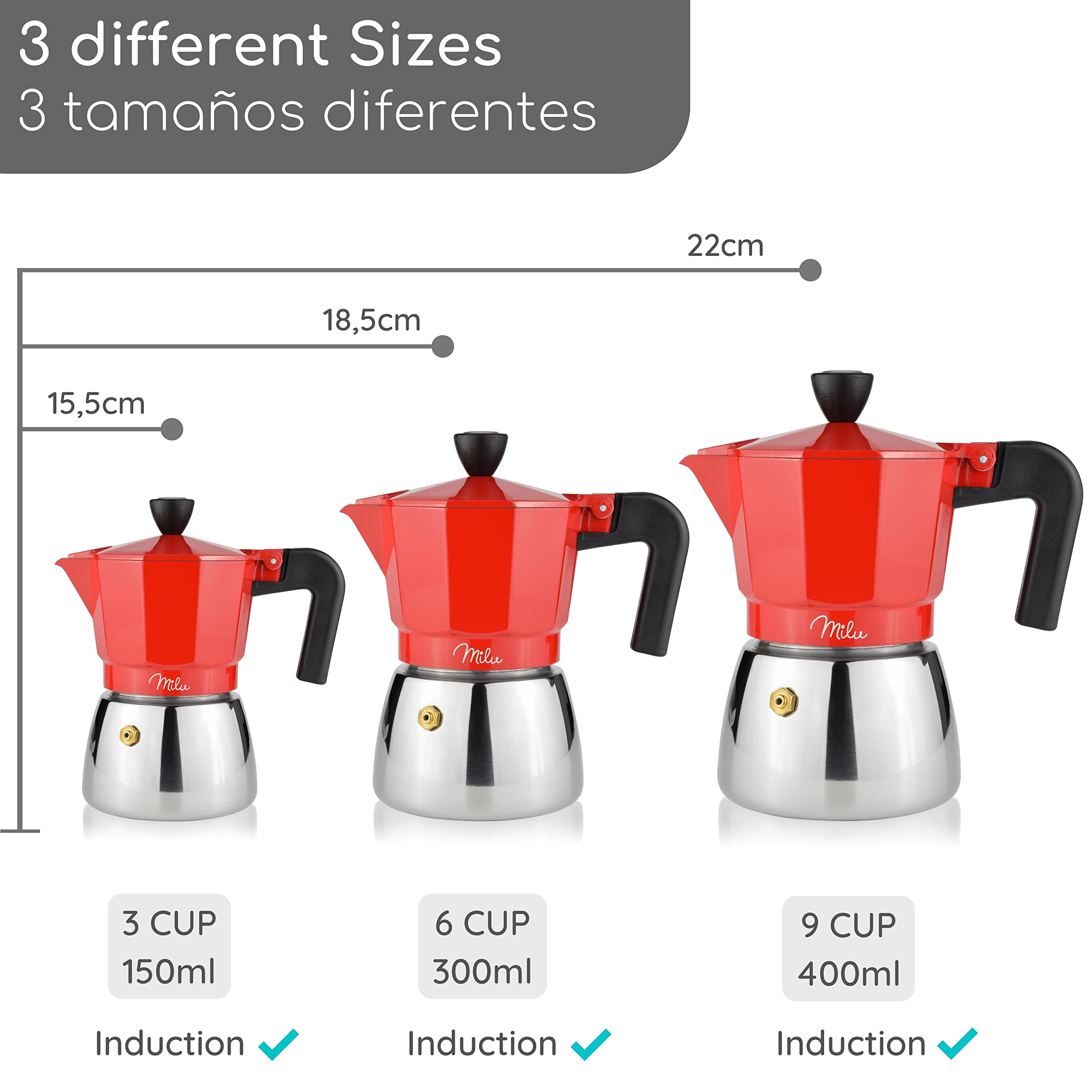 Milu Italian Stovetop Espresso Maker for Induction - 3, 6, 9 Cup Aluminum Moka Pot with Stand, Spoon & Brush (Red, 9 Cup 400ml) - Perfect for Home Coffee Brewing & Gifts
