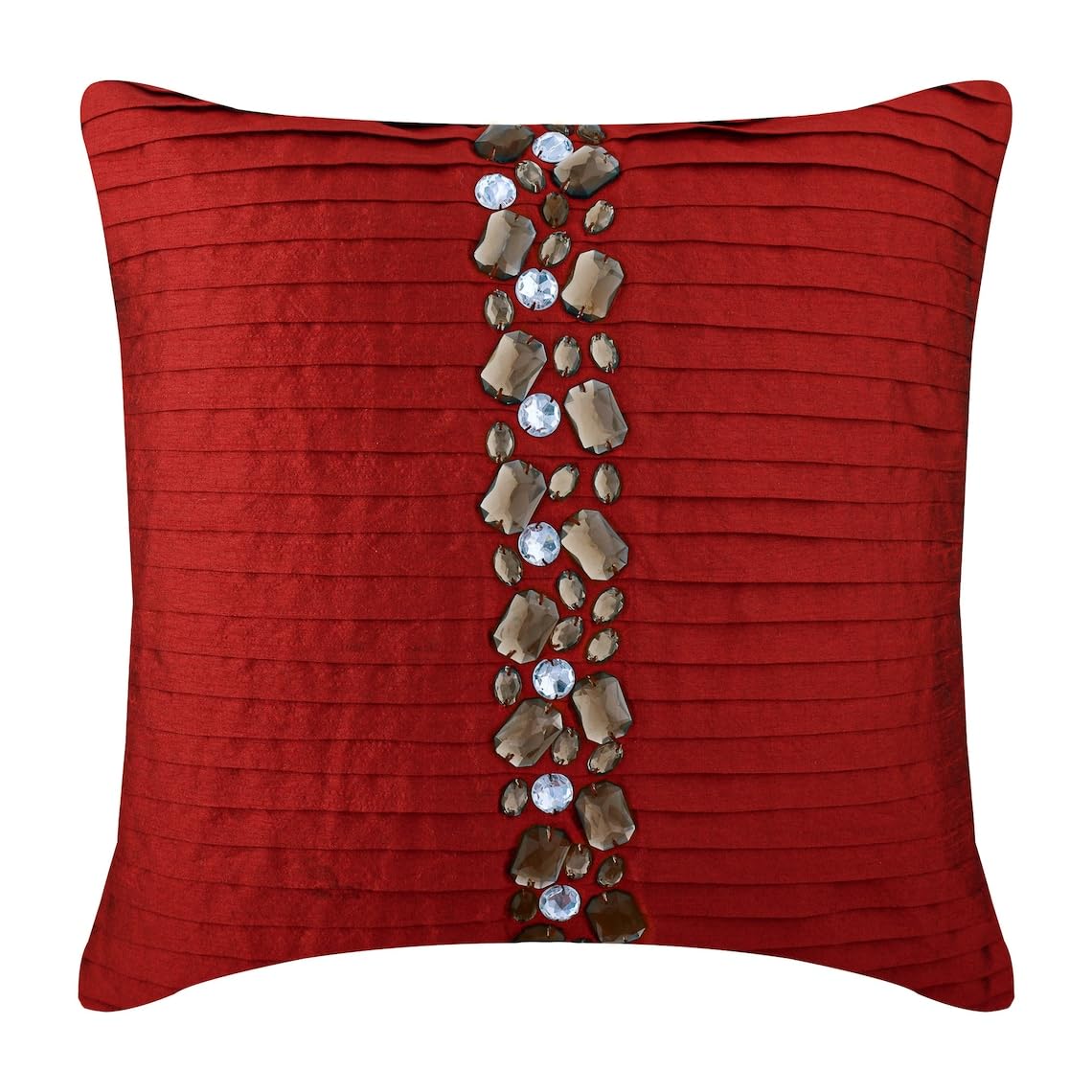 22x22 Inch Red Silk Throw Pillow Cover with Pintucks & Crystals - Modern Striped Square Decorative Pillow Case for Sofa, Bed, Living Room