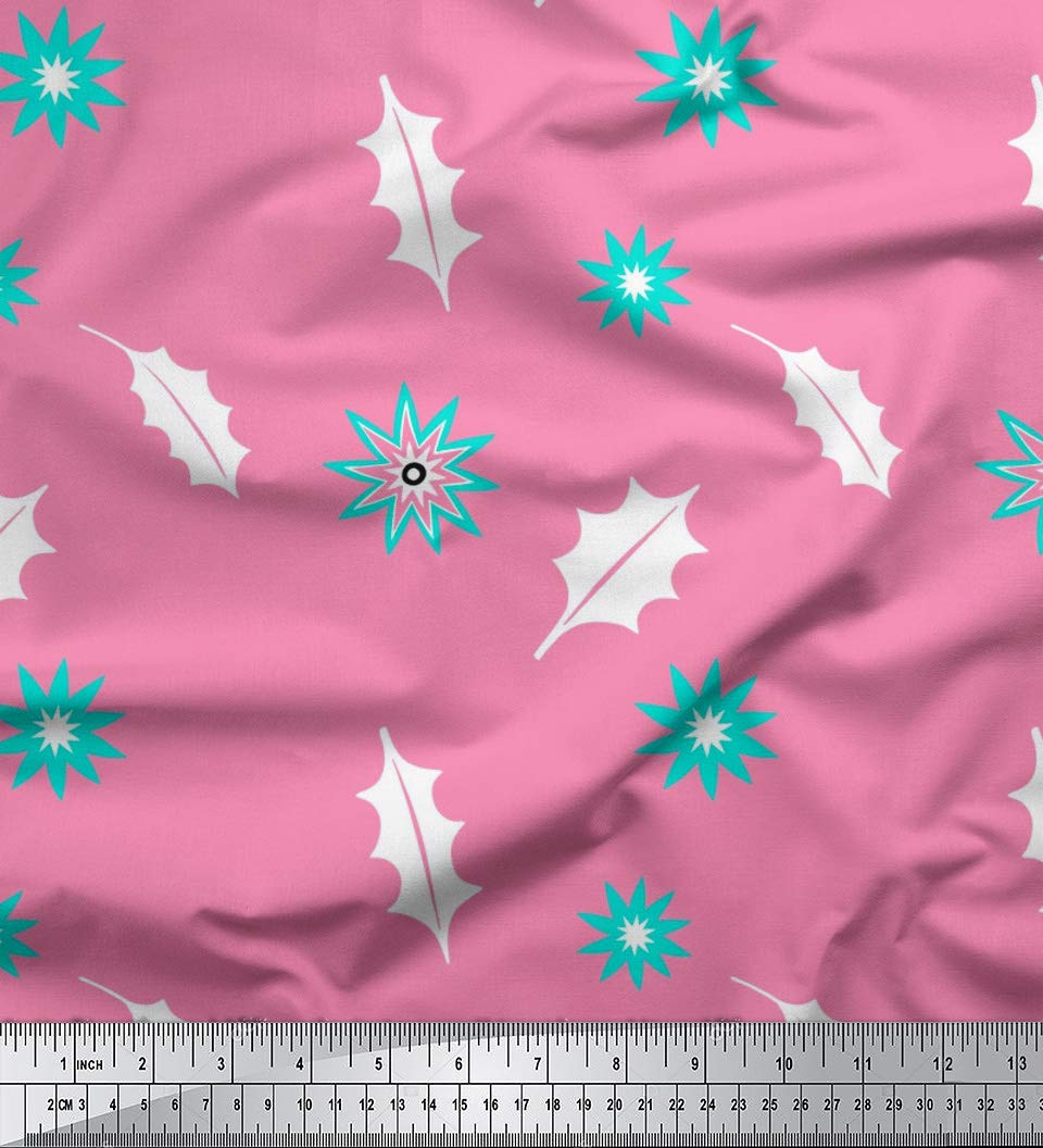 Soimoi Moss Georgette Pink Fabric by The Yard - 42 Inch Wide Printed Fabric with Star & Holly Leaves Design for Christmas Decor, Dresses, Curtains & DIY Crafts