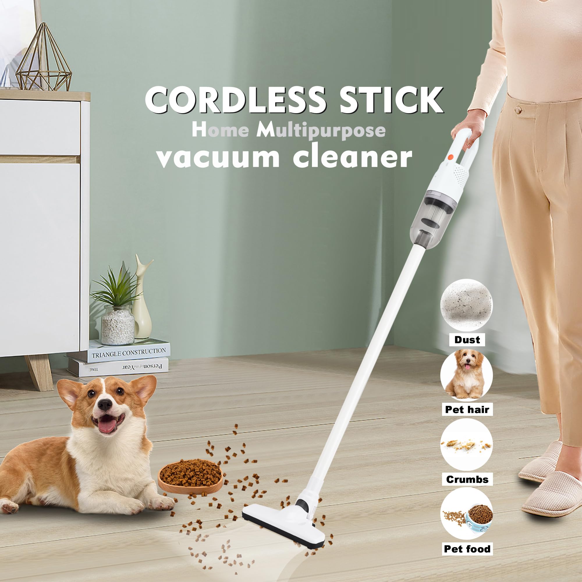 2-in-1 Cordless Handheld Vacuum Cleaner - 100W Powerful Motor, LED Display, Lightweight Stick Vacuum for Hard Floors & Carpets - Perfect for Pet Hair Removal at Home, Car & Office Cleaning (White)