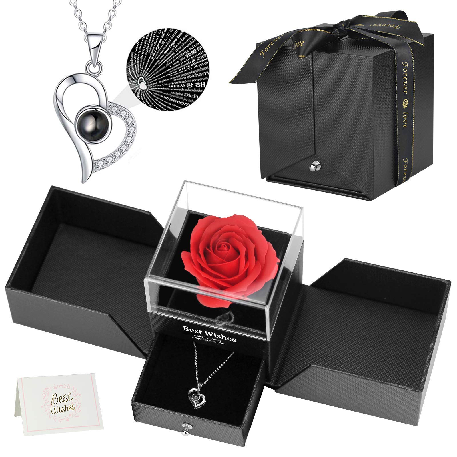Elegant Mefeny Rose Necklace Gift Set - 'I Love You' in 100 Languages, Romantic Jewelry for Women - Perfect for Valentine's Day, Mother's Day, Anniversaries & Birthdays - Ideal for Date Nights, Proposals & Special Occasions