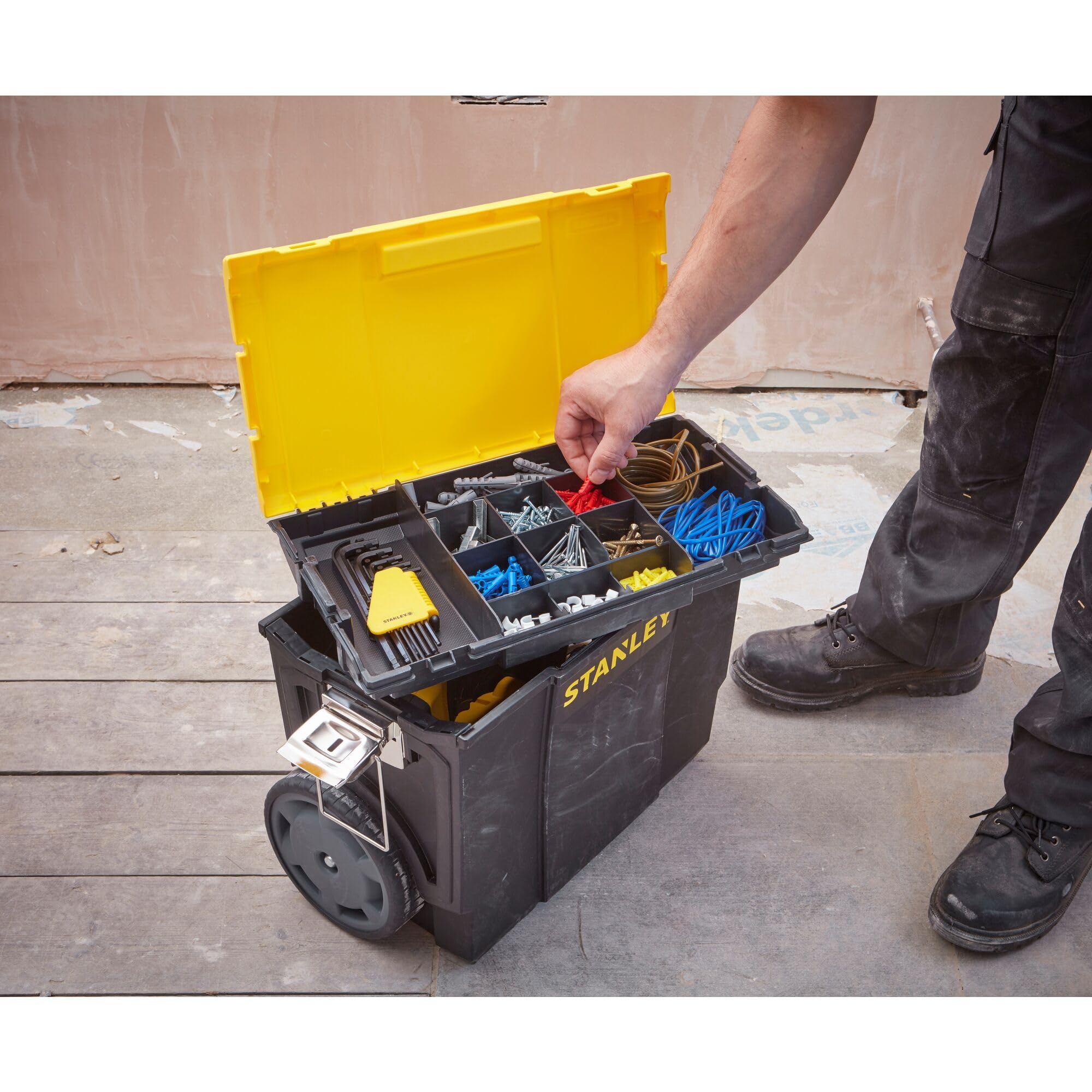STANLEY 3-in-1 Rolling Tool Box with Detachable Tote Tray & Pull Handle - Heavy Duty Mobile Work Center Organizer for Tools, DIY Projects & Job Sites - Perfect for Construction, Home Improvement & Garage Storage