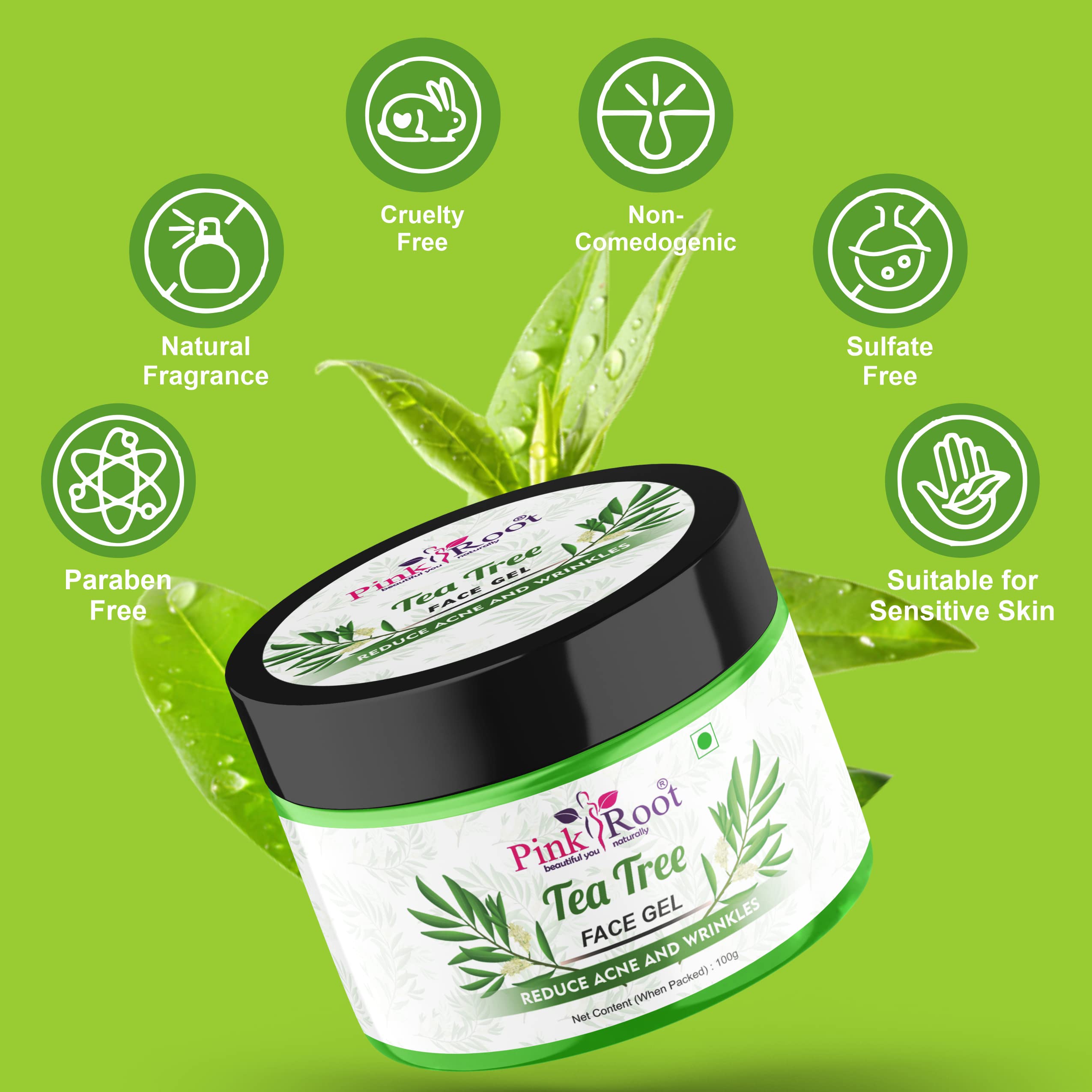 Organic Pink Root Tea Tree Face Gel 100ml - Acne Treatment & Oil Control for Clear Skin | Hydrating Facial Gel for Oily & Sensitive Skin | Perfect for Daily Skincare Routine & Post-Workout Refresh