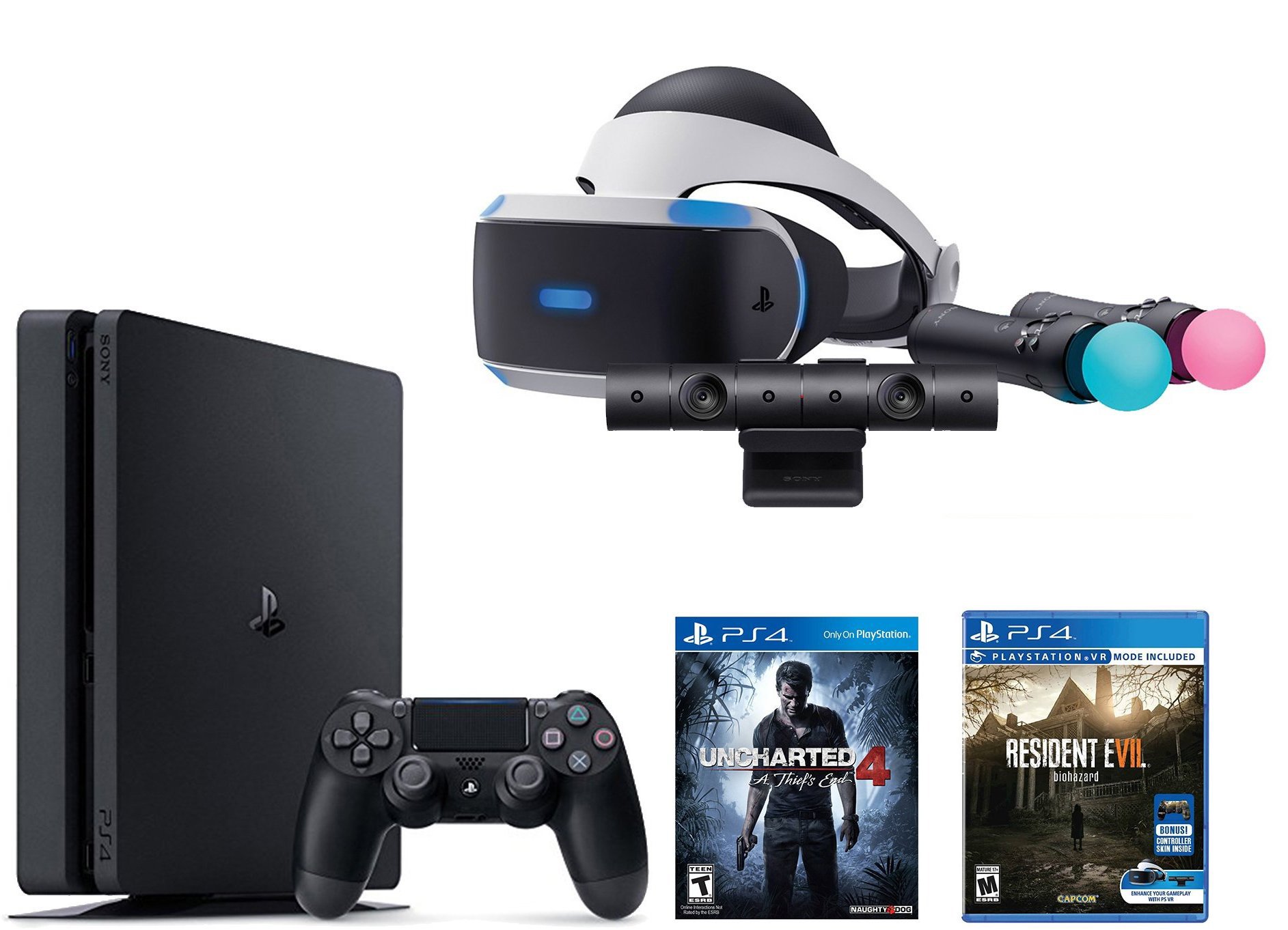 PlayStation VR Bundle with PS4 Slim 500GB Console - Includes VR Headset, Camera, Move Controllers & Games (Uncharted 4 + Resident Evil 7) | Immersive Gaming Experience for Virtual Reality Enthusiasts