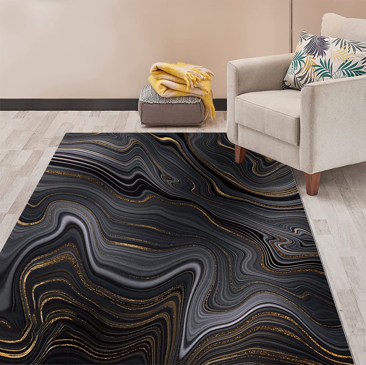 Vintage Marble Swirl Abstract Area Rug 2x3 ft - Non-Shedding Modern Carpet in Black, Grey & Gold for Living Room, Bedroom, Home Office - Perfect Under Dining Table, Kitchen Runner & Laundry Room Floor Mat