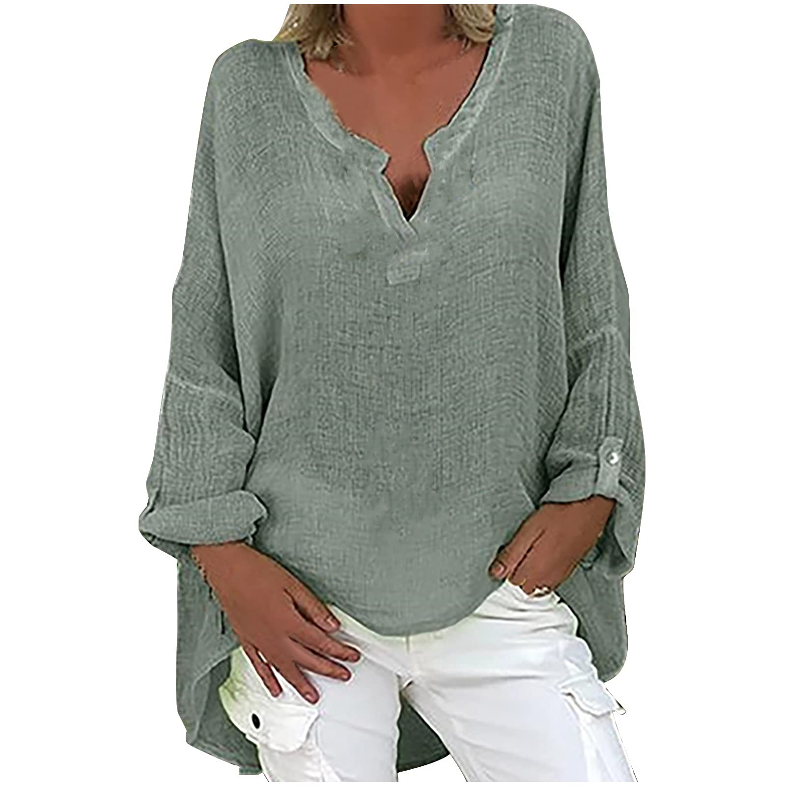 JIEMUXIU Women's Long Sleeve Cotton Linen V-Neck Tunic Top - Casual Summer & Spring Boho Blouse - Plus Size Flowy Peasant Shirt for Work, Travel & Everyday Wear