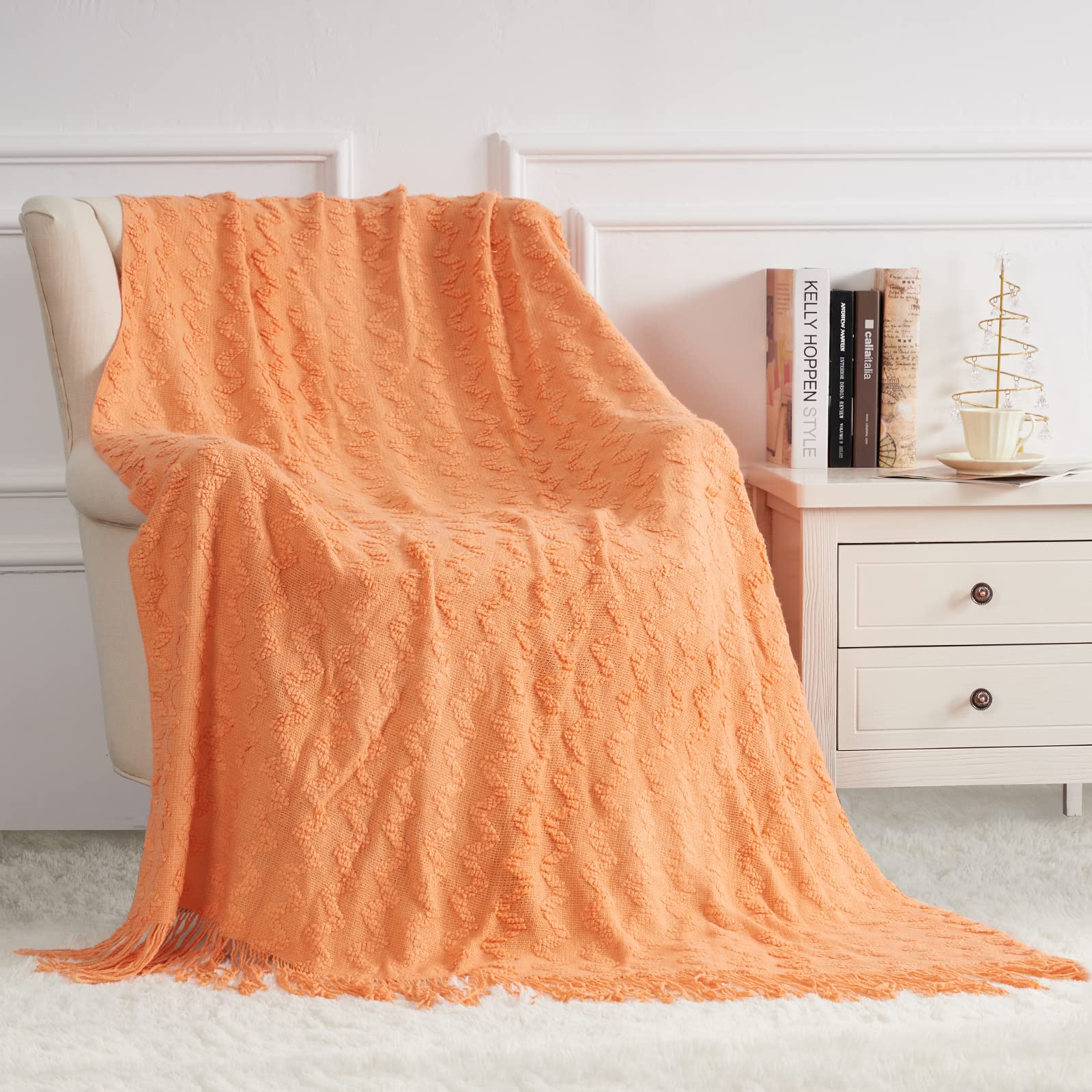 Quinnsus Knit Throw Blanket - Soft Lightweight Decorative Jacquard Textured Boho Blanket with Tassels for Bed, Sofa & Living Room - Perfect for Summer, Cozy Nights & Home Decor (Orange, 50x60 Inches)