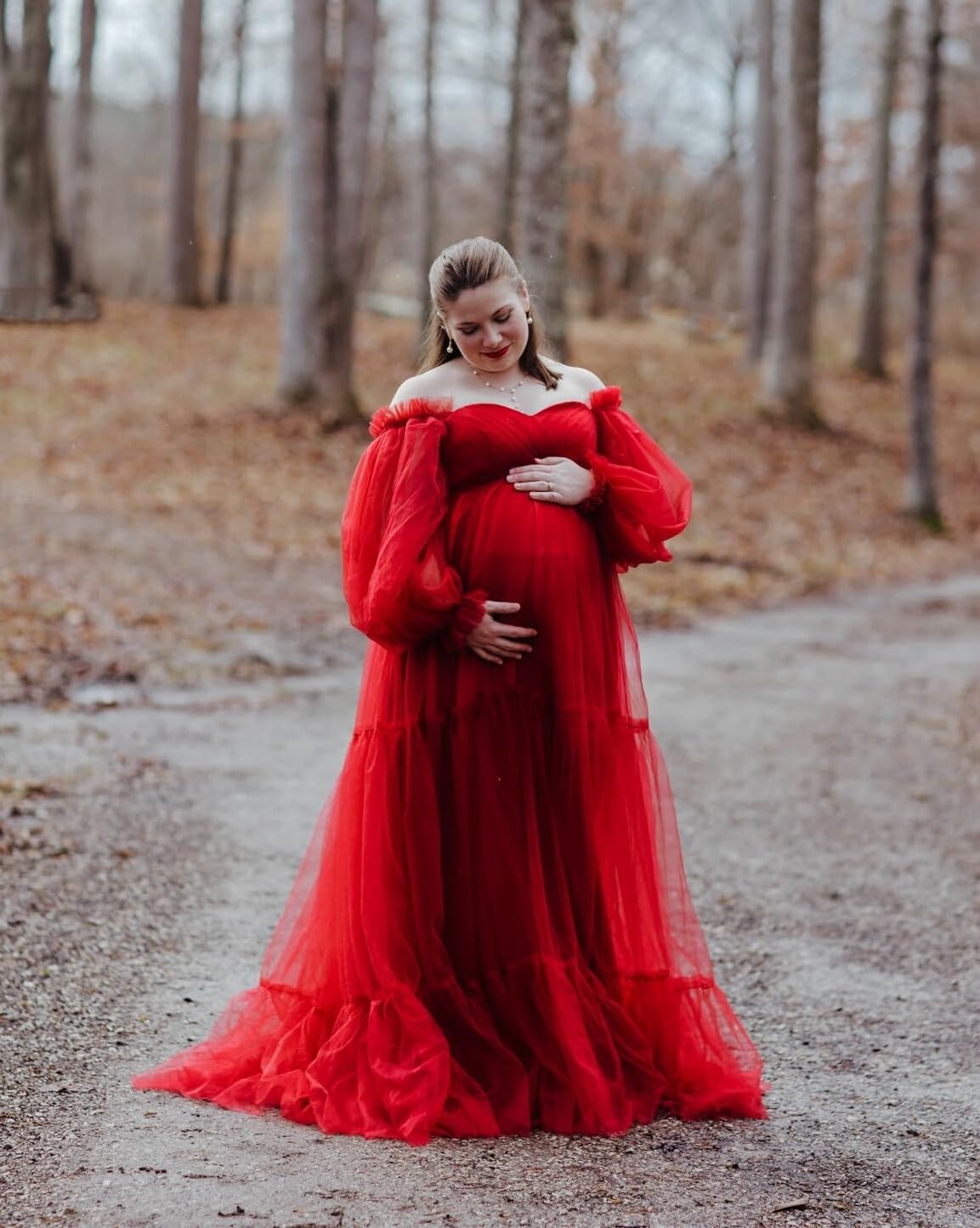 Elegant Winter Off-Shoulder Tulle Maternity Dress for Baby Shower, Photoshoot & Pregnancy Photos - Soft & Comfortable Formal Gown for Special Occasions