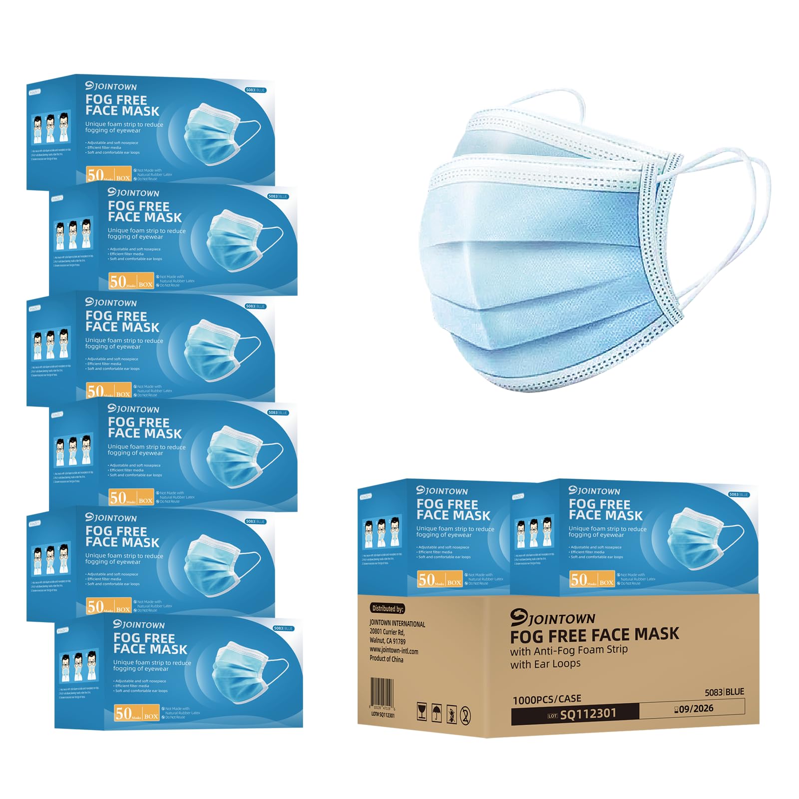 Jointown Anti-Fog 3-Ply Disposable Face Masks for Adults - 1000 Count Case with Adjustable Nose Wire & Soft Filter Media - Perfect for Work, Travel & Daily Protection