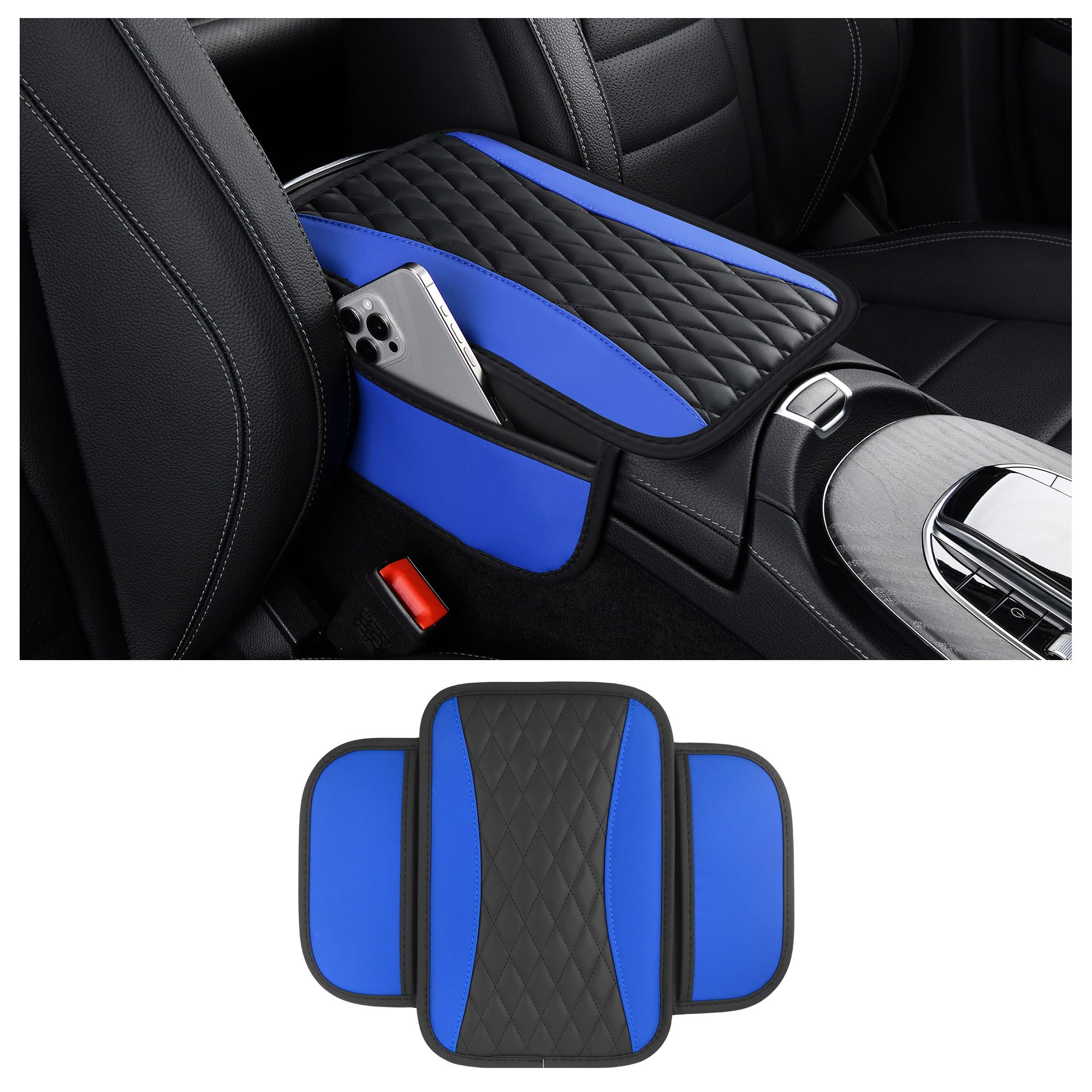 Premium Leather Car Center Console Cover with Side Pockets - Universal Fit for Cars, SUVs & Trucks - Stylish Interior Armrest Protector & Seat Organizer (Blue) - Perfect for Road Trips, Commuting & Vehicle Protection