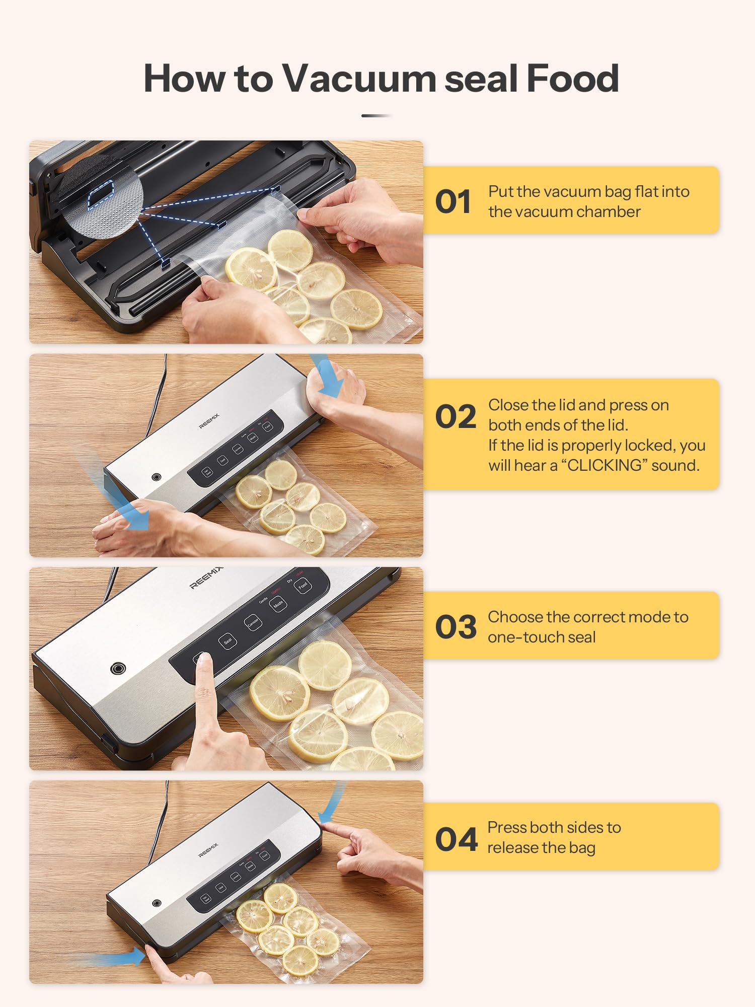 Reemix Automatic Vacuum Sealer Machine for Food Storage - Includes Starter Kit with 20 Bags, Pulse Function, Moist & Dry Modes, External VAC - Perfect for Meal Prep, Sous Vide, and Extending Food Freshness