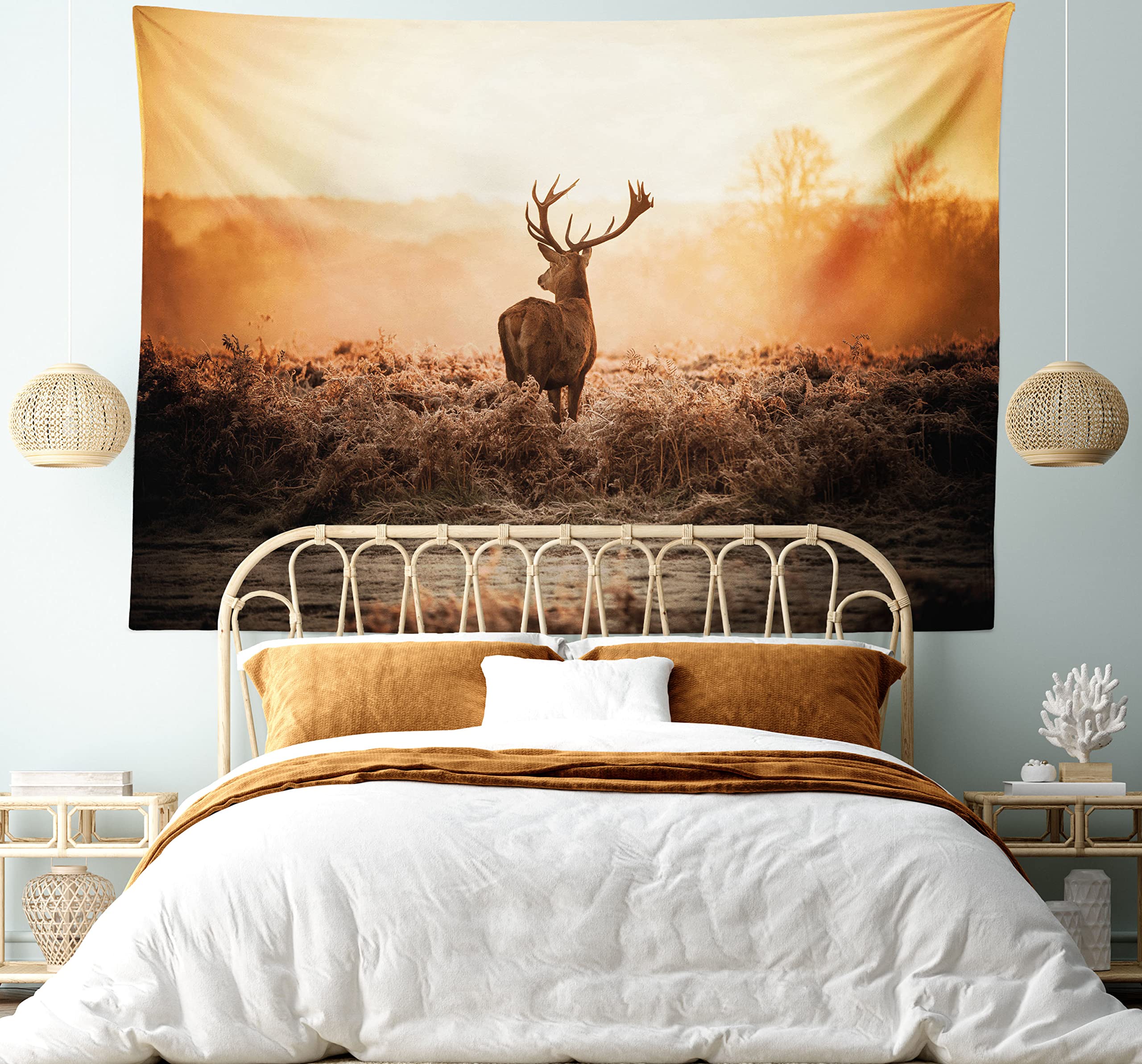 Ambesonne Hunting Tapestry - Red Deer in Morning Sun Wilderness Nature Scenery Wall Hanging Decor for Bedroom, Living Room & Dorm (45x30 inches, Brown Orange) | Perfect for Cabin, Lodge, Hunting Cabin & Rustic Home Decor