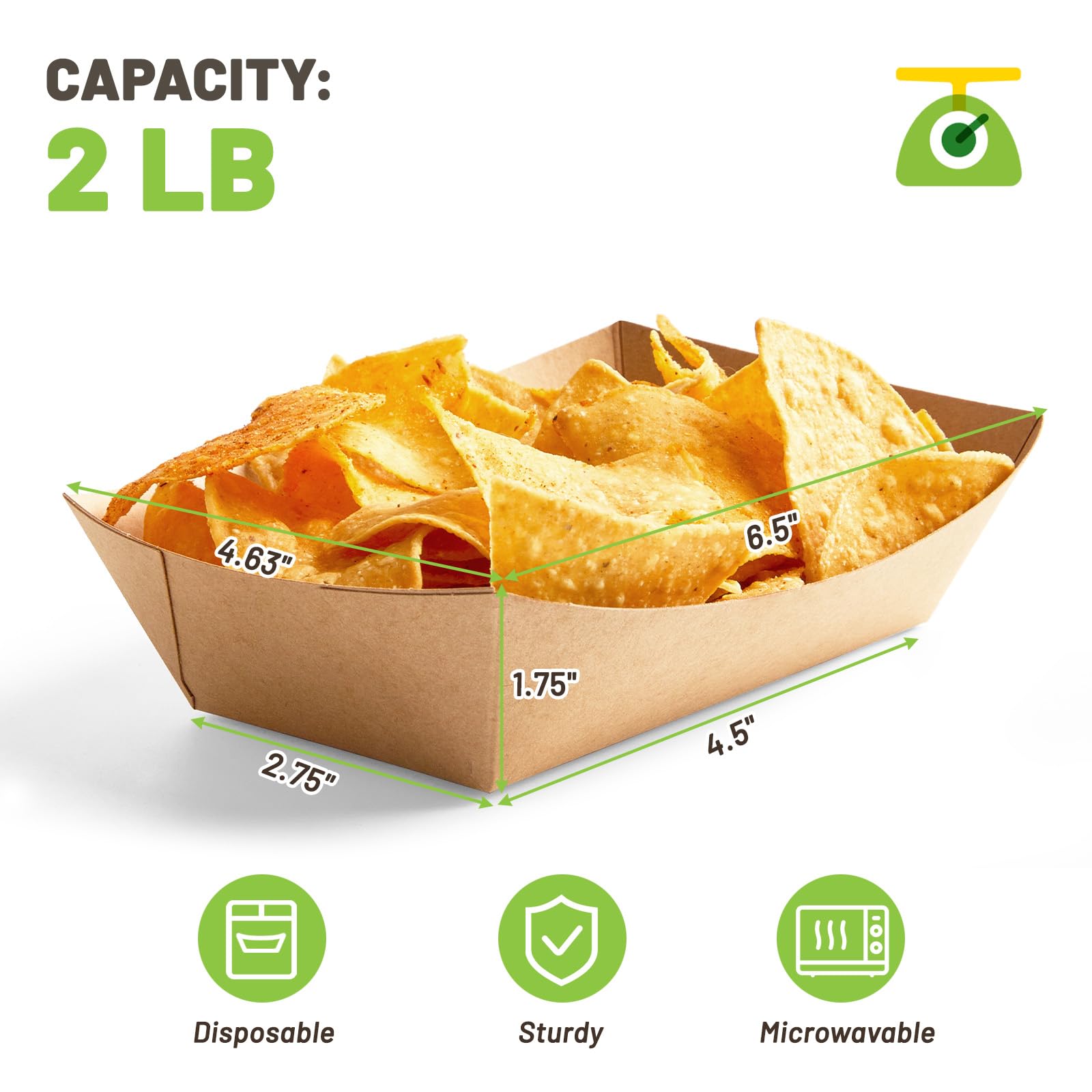 2 Lb Disposable Paper Food Trays - 100 Pack Brown Nacho Serving Boats for Party Snacks, Hot Dogs, Tacos & Fries | Eco-Friendly Takeout Containers for Restaurants, Catering & Picnics