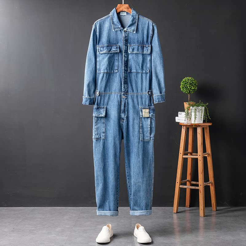 Men's Long Sleeve Cargo Denim Jumpsuit with Multiple Pockets - Casual Work Overalls in Gray Blue | Durable Coveralls for Construction, Gardening & Outdoor Activities