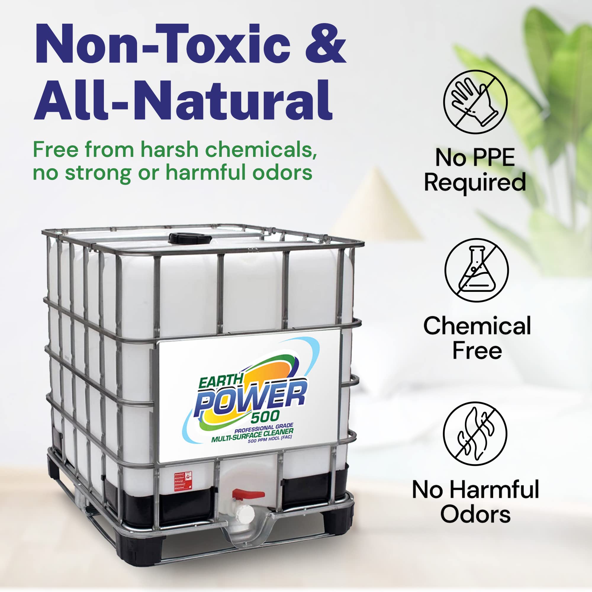 Earth Power Hypochlorous Acid 500 PPM Multipurpose Cleaner | One-Step Disinfectant for Home, Office & Industrial Use | Food Safe, Kid & Pet Friendly Cleaning Solution (275 Gallon) | Perfect for Sanitizing Kitchens, Hospitals, Schools & Public Spaces