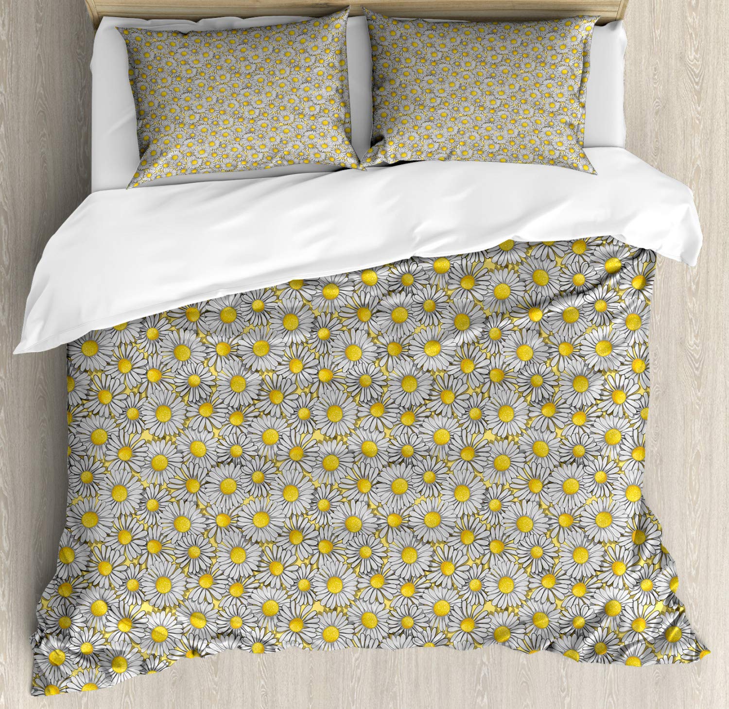 Ambesonne Daisy Duvet Cover Set - King Size 3-Piece Bedding with Chamomile Flower Design, Yellow & Pale Grey | Includes 2 Pillow Shams | Gardening & Nature Themed Decor for Bedroom, Guest Room, or Vacation Home