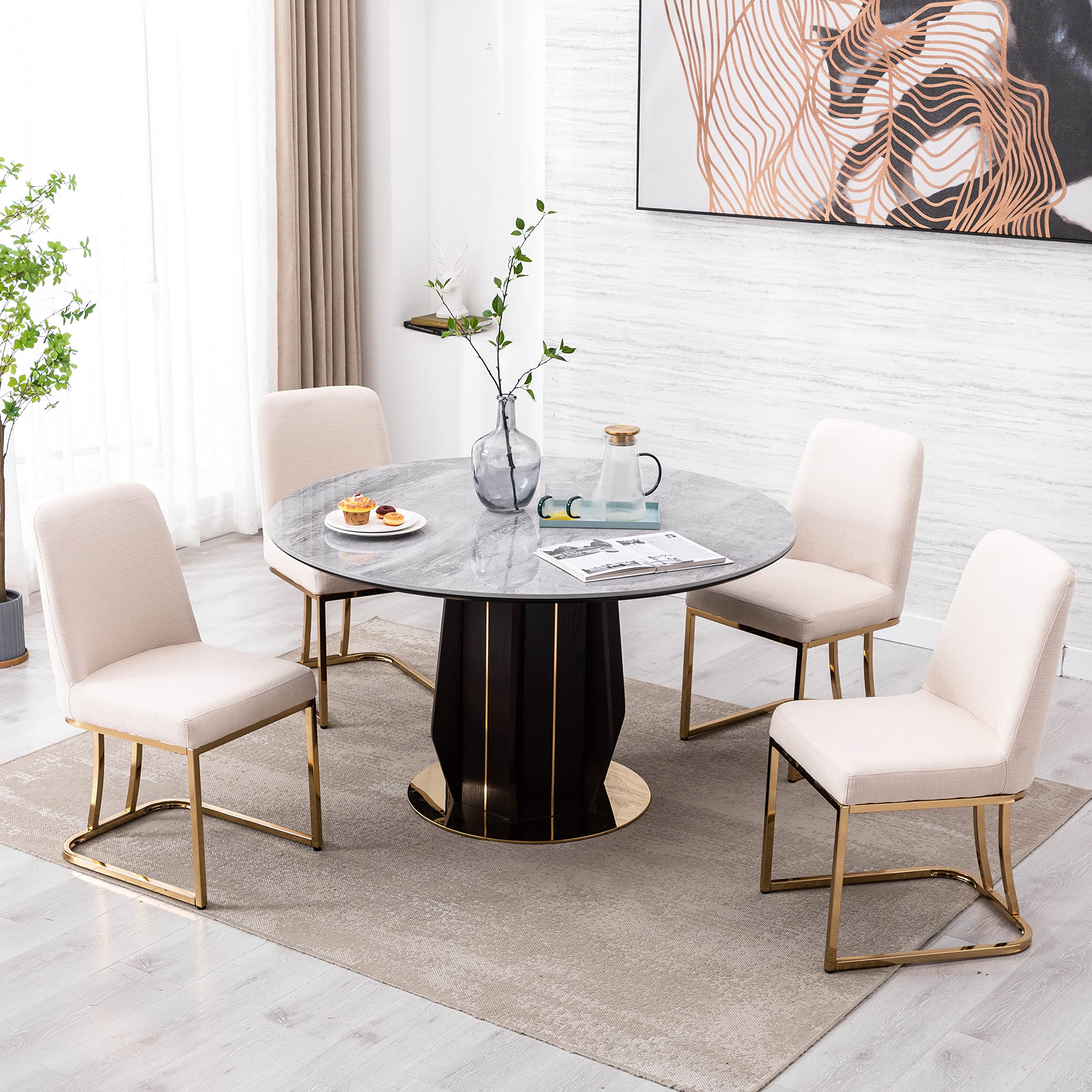 2 Piece Modern Linen Dining Chair Set - High Back Upholstered Armless Side Chairs for Dining Room & Living Room - Cream Fabric Seating - Perfect for Small Spaces, Breakfast Nooks & Contemporary Home Decor