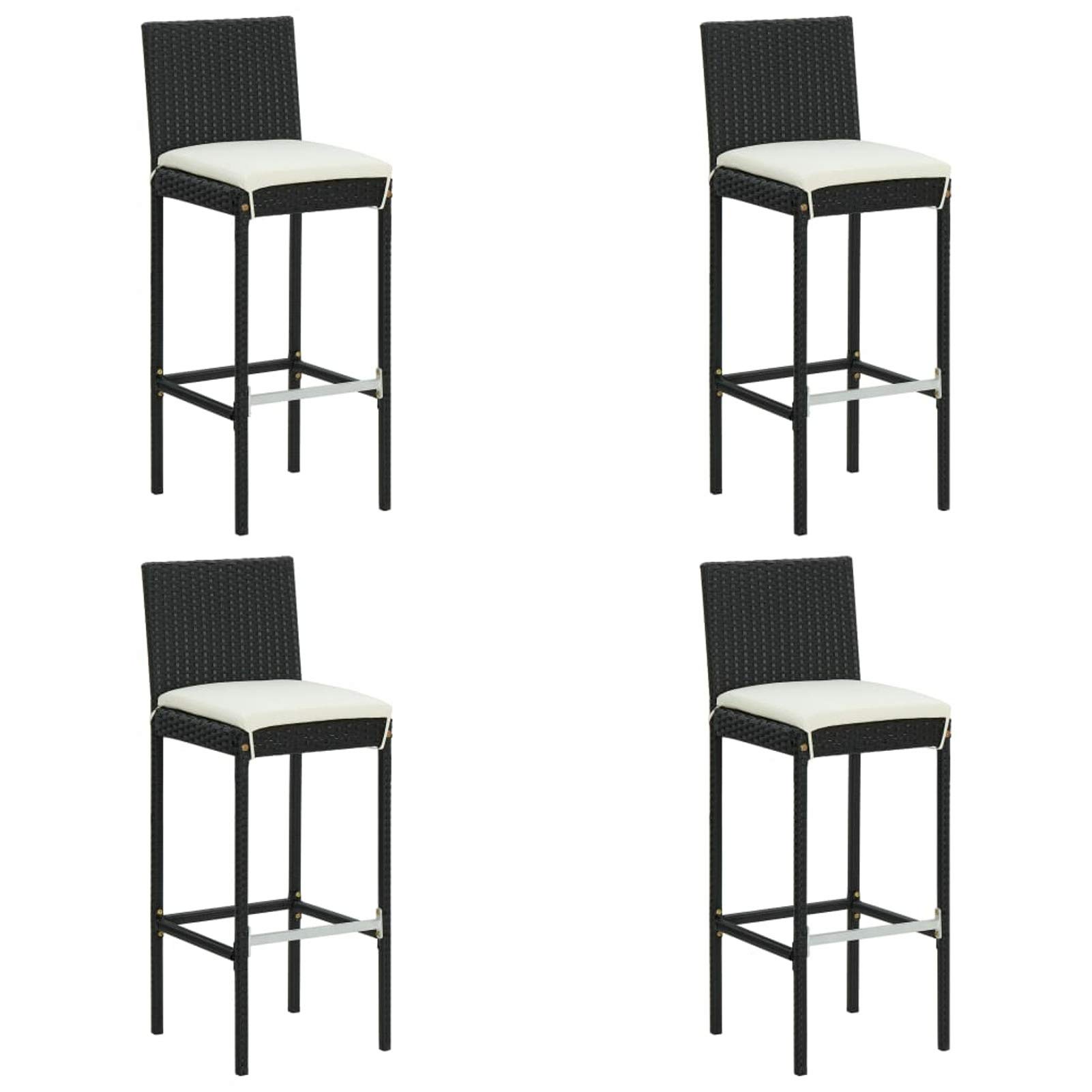 4-Piece Black Poly Rattan Counter Height Bar Stool Set with Cushions - Farmhouse Style Dining Chairs for Kitchen Island, Breakfast Nook, Outdoor Patio & Garden Decor