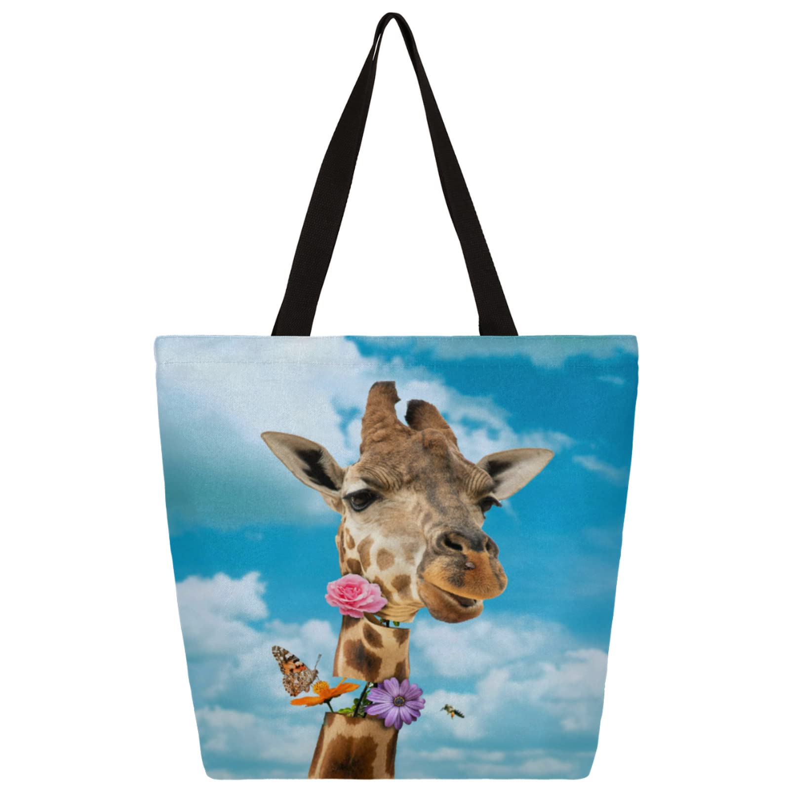 Eco-Friendly Canvas Tote Bag for Women - Large Reusable Grocery Shopping Bag with Inner Pocket, Giraffe & Butterfly Print, Durable Shoulder Bag for Beach, School, Work & Gym | Perfect for Daily Use, Travel & Shopping Trips