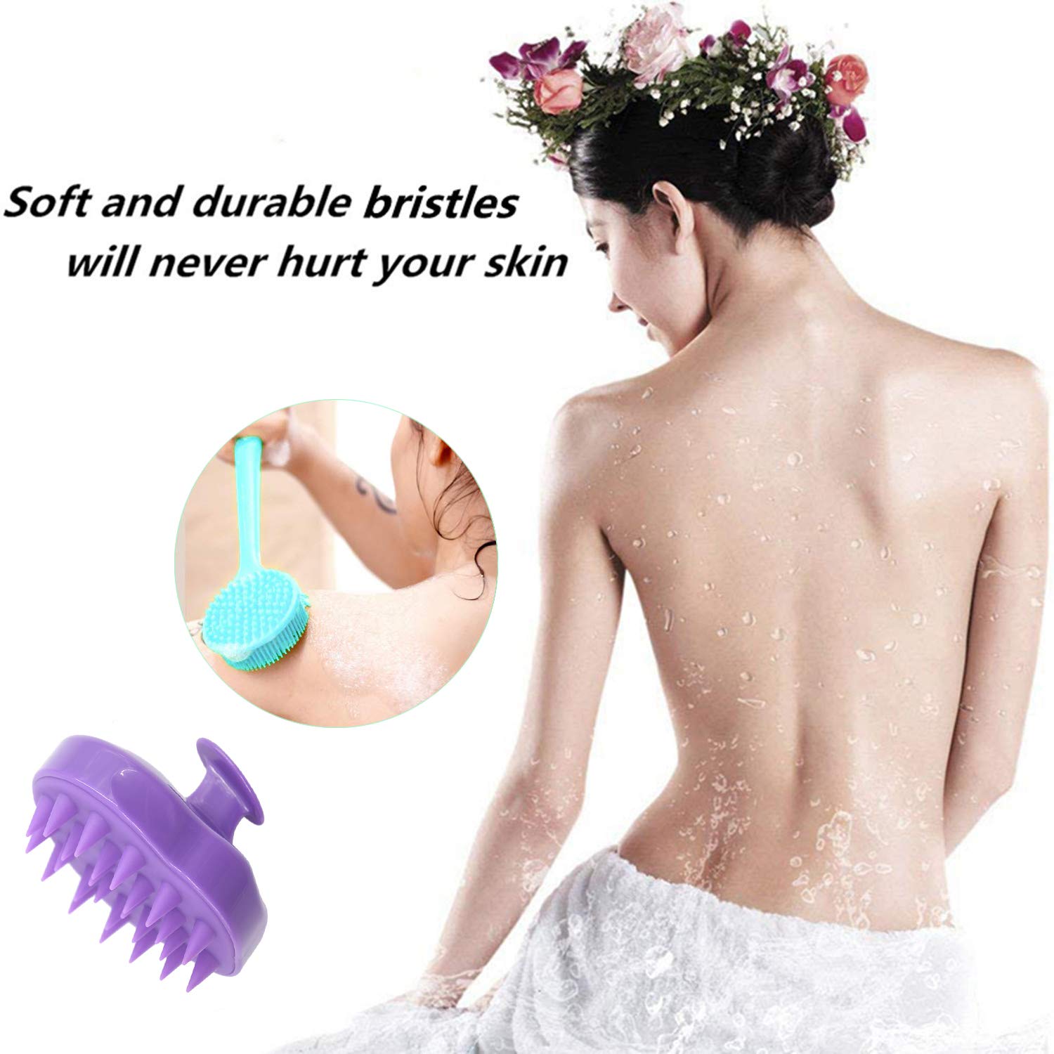 Exfoliating Silicone Back Scrubber & Scalp Massager Brush - Long Handle Shower Brush for Deep Cleansing - 2 Pack for Men, Women & Pets - Perfect for Relaxing Bath Time & Dandruff Relief
