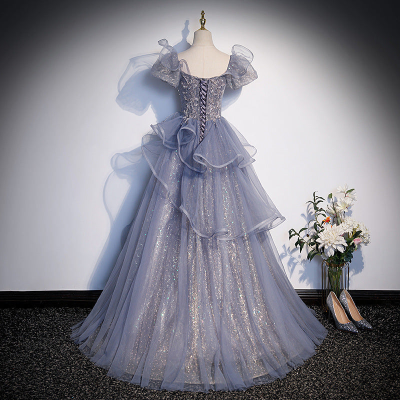 Elegant Gray A-Line Shiny Prom Dress with Puff Sleeves - Formal Evening Gown for Sweet 16 Party, Homecoming, and Special Occasions