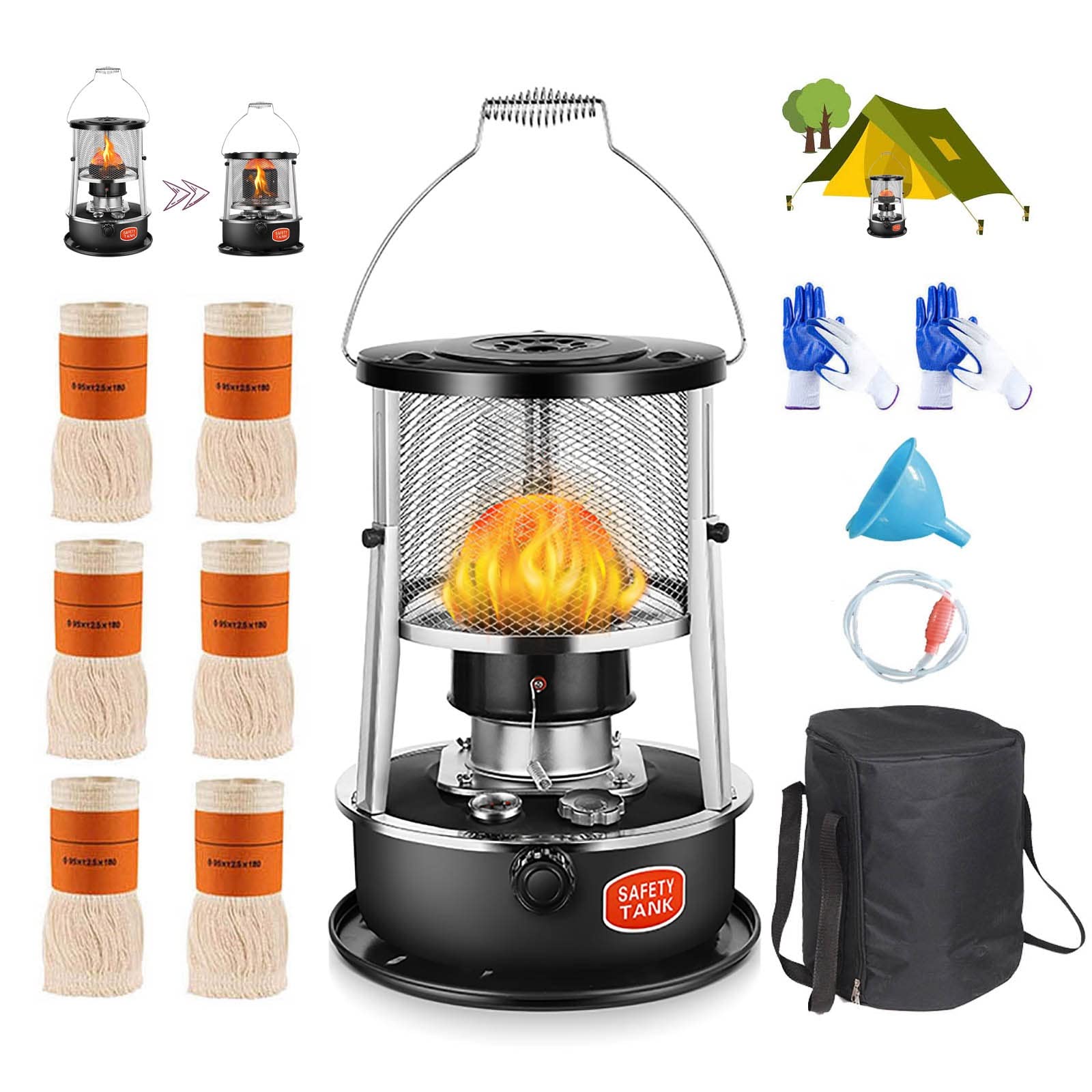 Portable Stainless Steel Kerosene Heater for Indoor & Camping - 6-Wick Non-Electric Stove with Gloves for Heating, Cooking & Boiling Water - Perfect for Home, Garage, RV & Outdoor Adventures (Black)