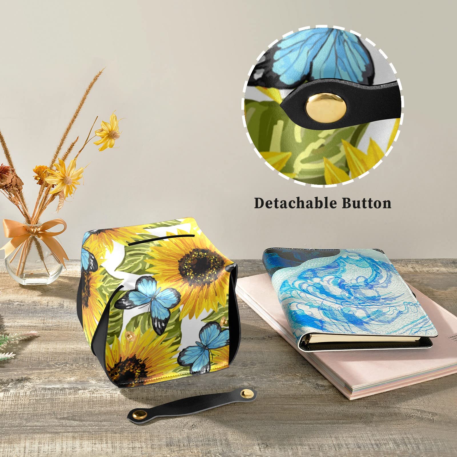 Sunflower & Blue Butterfly Leather Tissue Box Cover with Handle – Rectangular Tissue Holder for Car, Bathroom, Home & Office Decor | Durable & Stylish Facial Tissue Dispenser