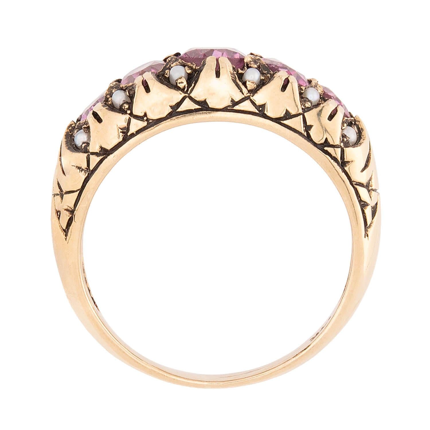 Exquisite Victorian 14K Gold Spinel and Pearl Ring - Elegant Antique Jewelry for Women - Perfect for Weddings, Anniversaries & Special Occasions